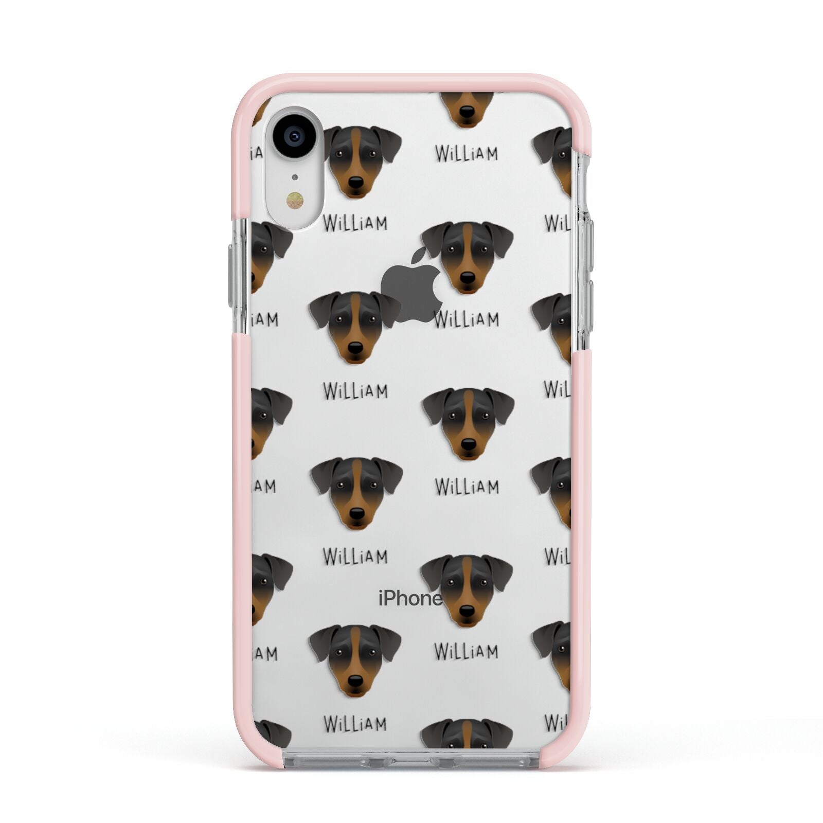 Patterdale Terrier Icon with Name Apple iPhone XR Impact Case Pink Edge on Silver Phone