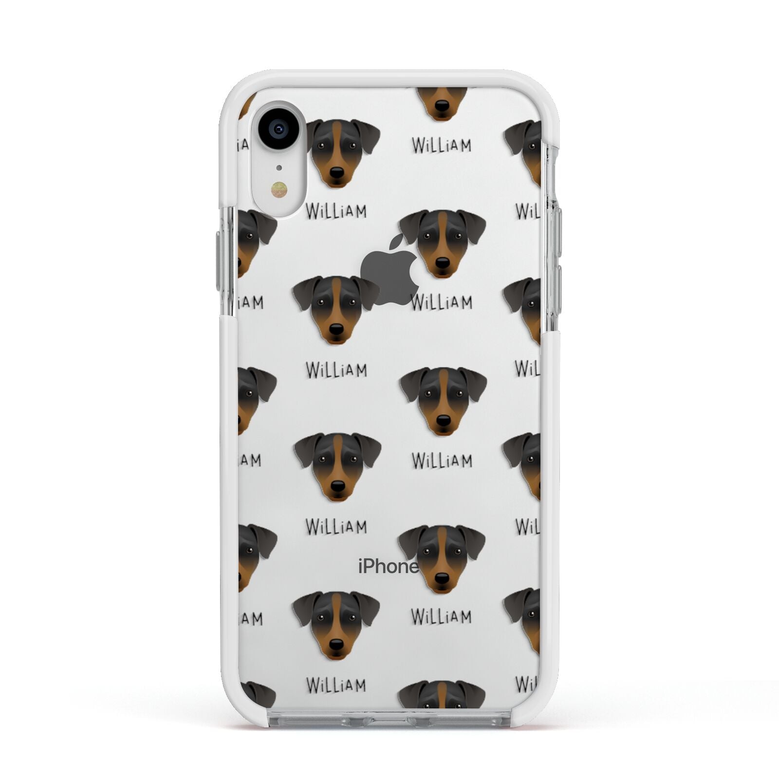 Patterdale Terrier Icon with Name Apple iPhone XR Impact Case White Edge on Silver Phone