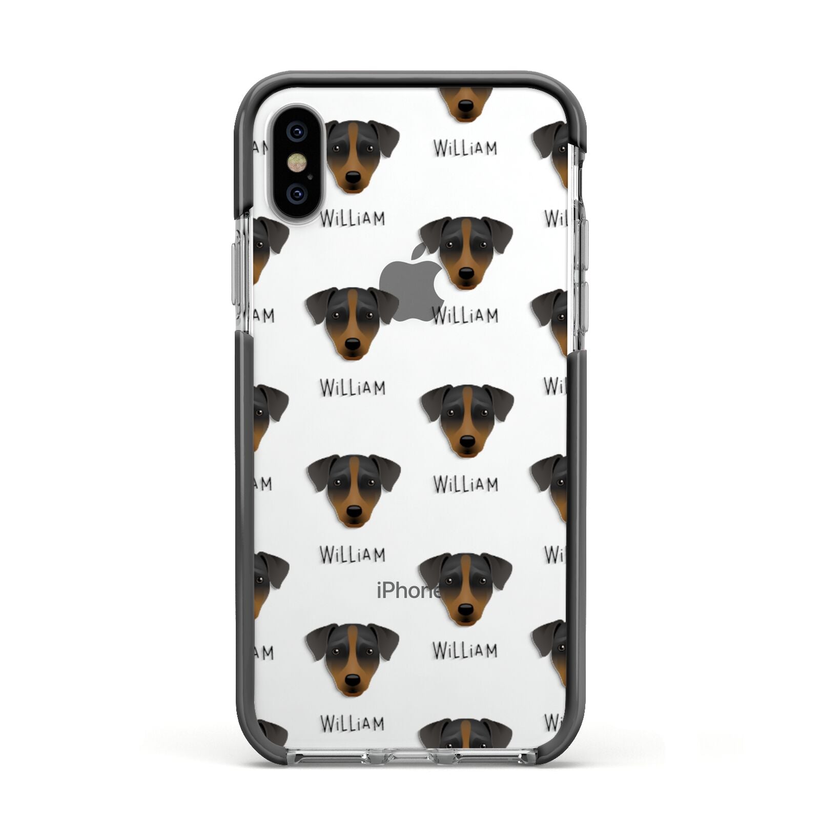 Patterdale Terrier Icon with Name Apple iPhone Xs Impact Case Black Edge on Silver Phone