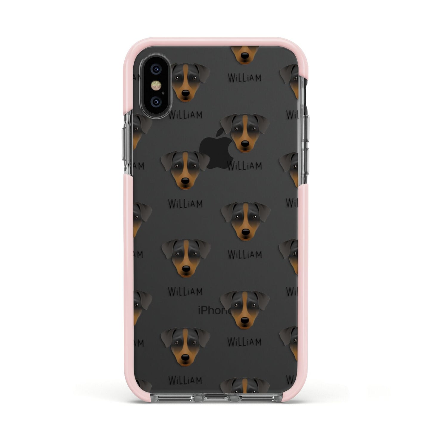 Patterdale Terrier Icon with Name Apple iPhone Xs Impact Case Pink Edge on Black Phone