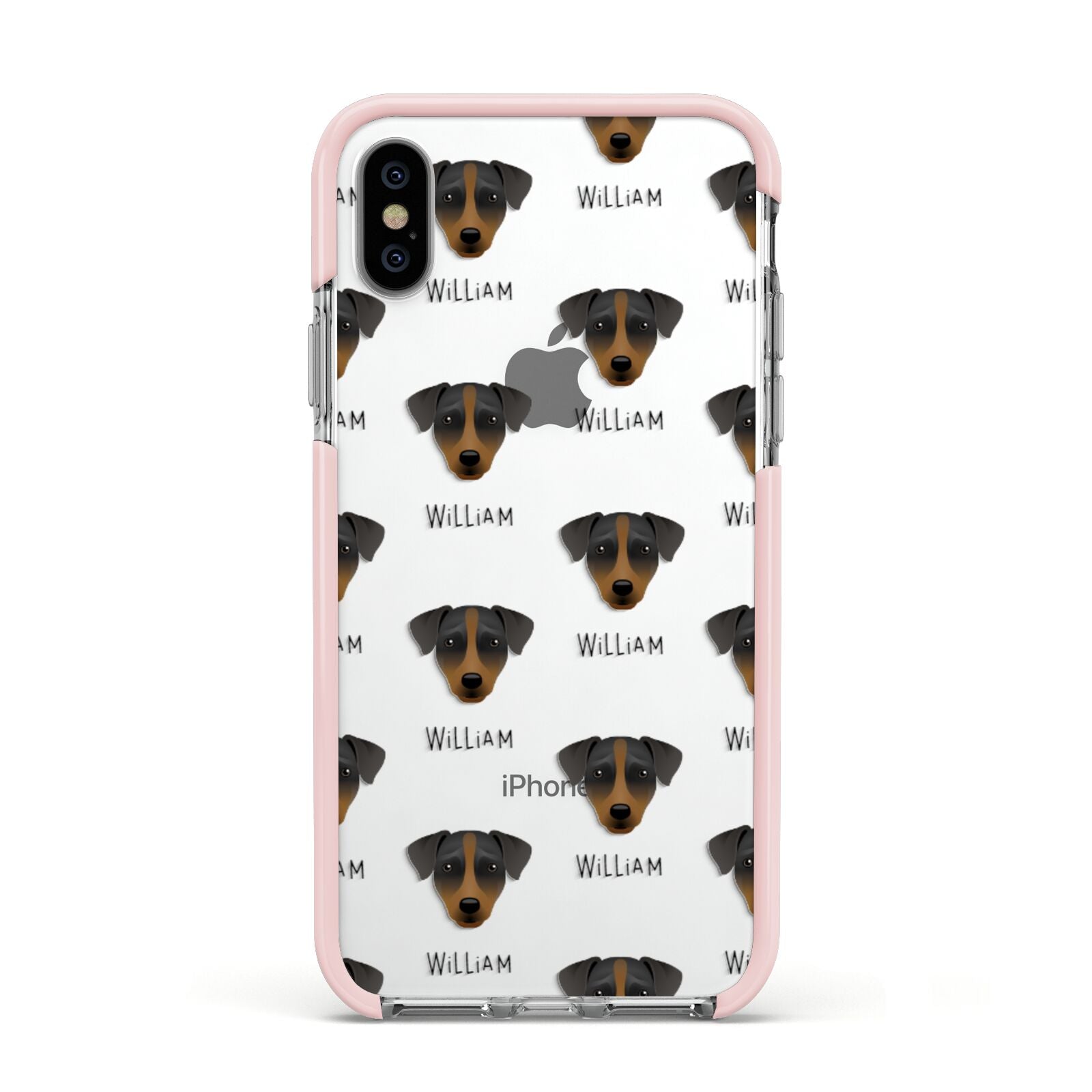 Patterdale Terrier Icon with Name Apple iPhone Xs Impact Case Pink Edge on Silver Phone