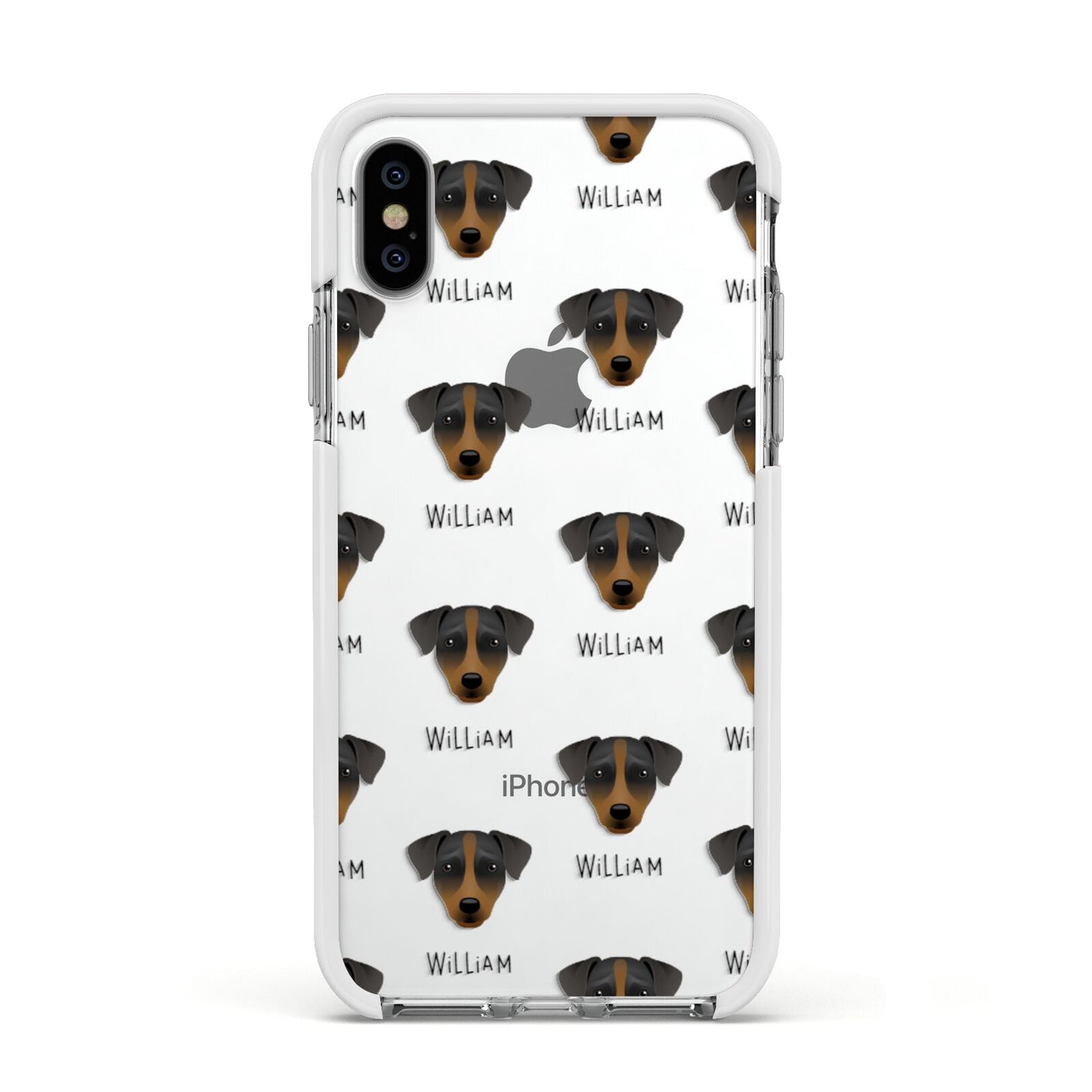Patterdale Terrier Icon with Name Apple iPhone Xs Impact Case White Edge on Silver Phone