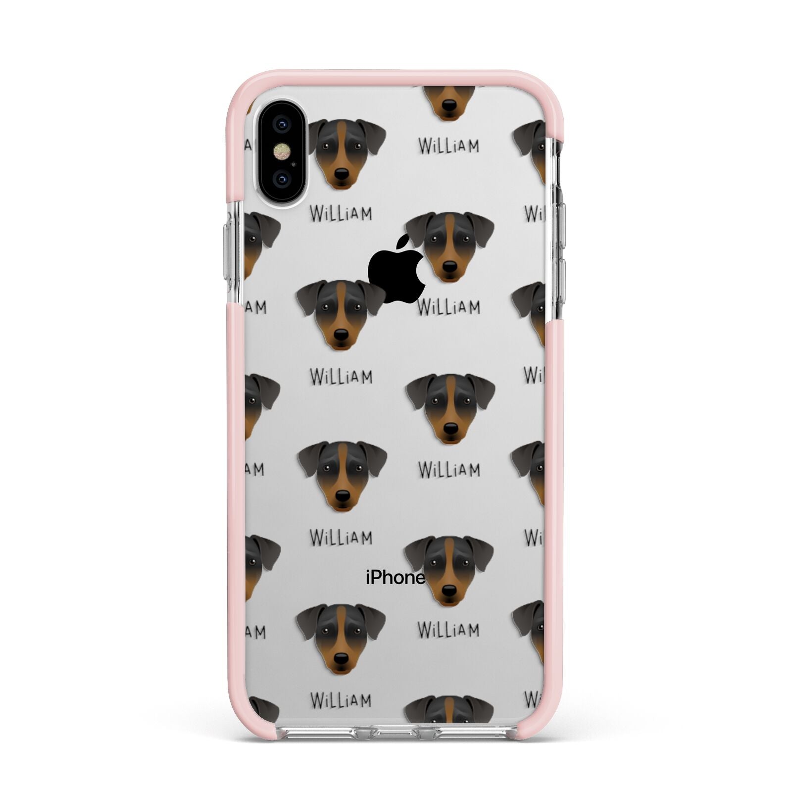 Patterdale Terrier Icon with Name Apple iPhone Xs Max Impact Case Pink Edge on Silver Phone