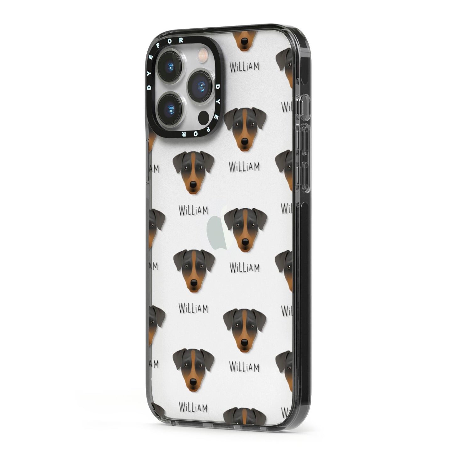 Patterdale Terrier Icon with Name iPhone 13 Pro Max Black Impact Case Side Angle on Silver phone