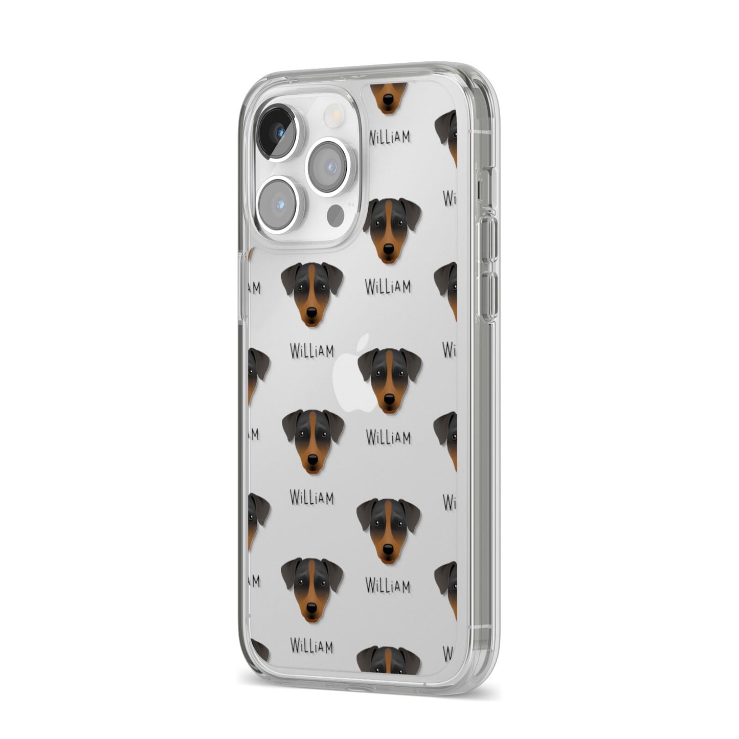 Patterdale Terrier Icon with Name iPhone 14 Pro Max Clear Tough Case Silver Angled Image