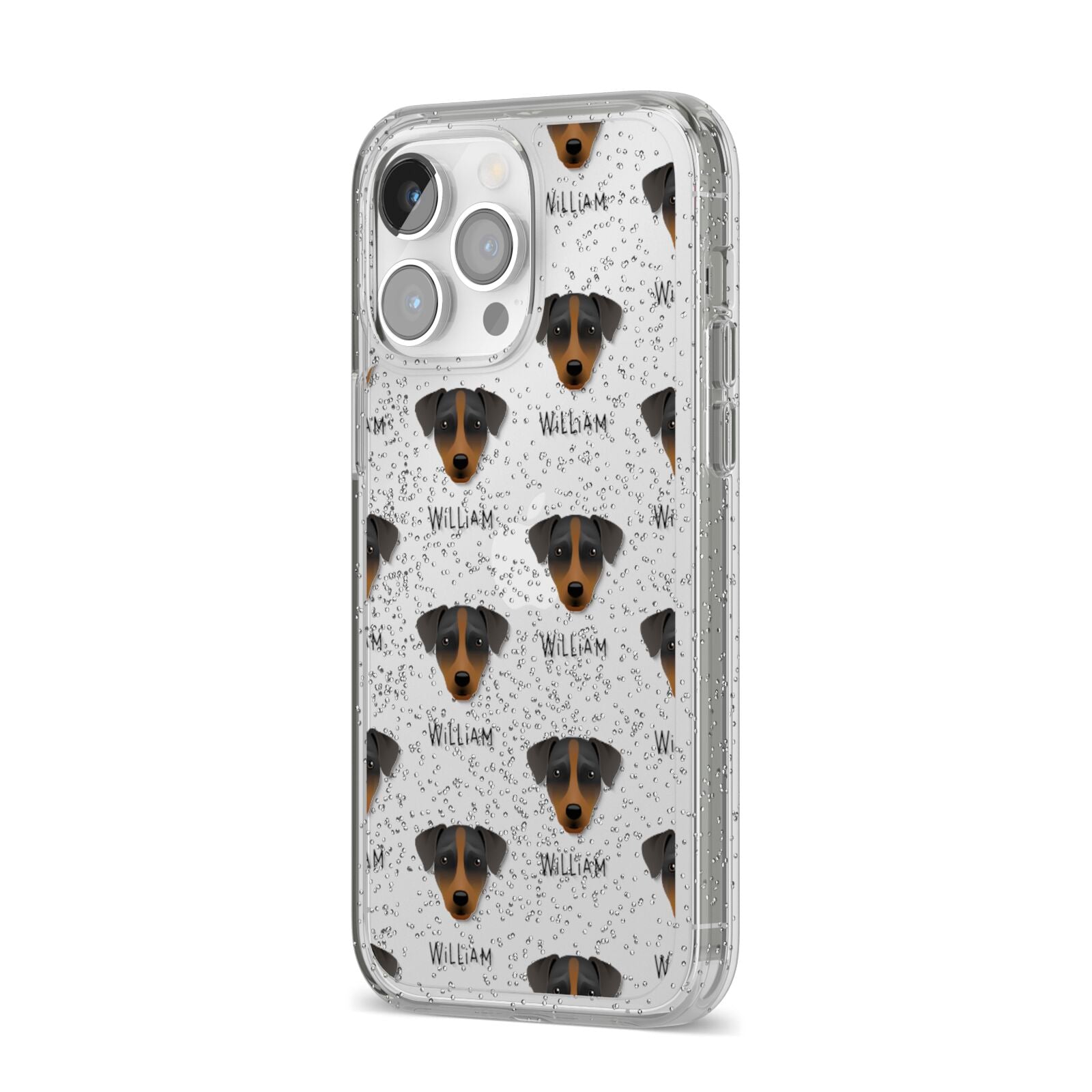 Patterdale Terrier Icon with Name iPhone 14 Pro Max Glitter Tough Case Silver Angled Image