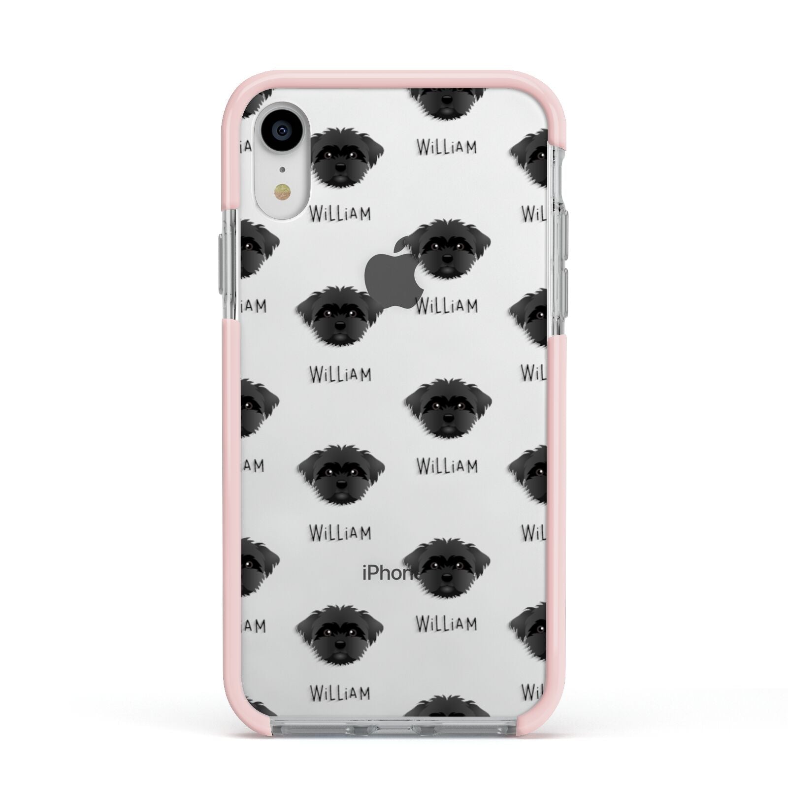 Peek a poo Icon with Name Apple iPhone XR Impact Case Pink Edge on Silver Phone