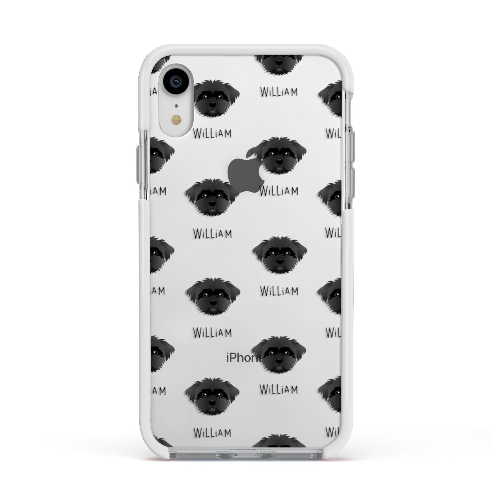 Peek a poo Icon with Name Apple iPhone XR Impact Case White Edge on Silver Phone