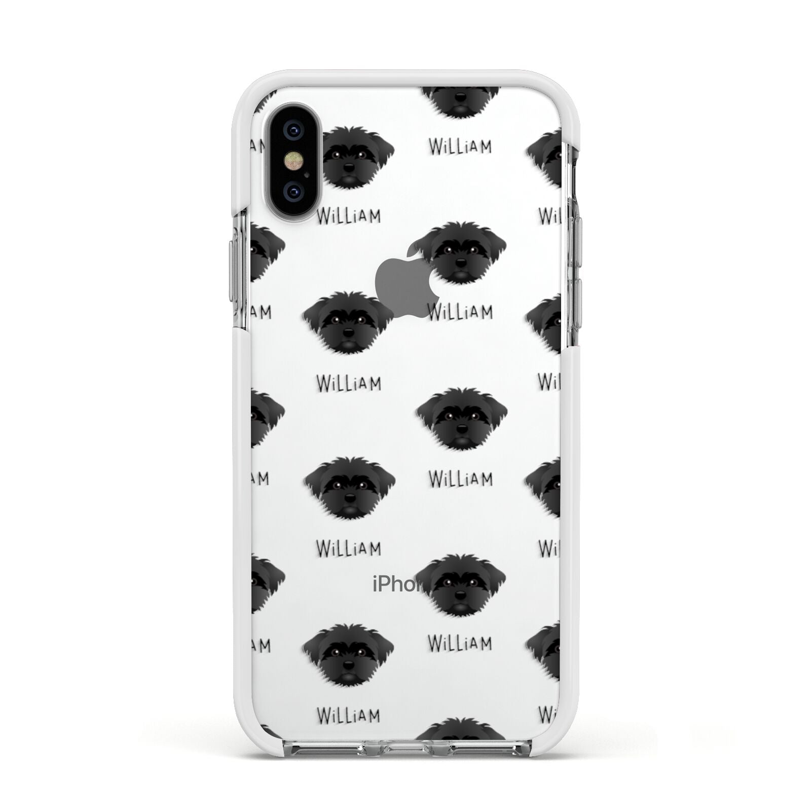 Peek a poo Icon with Name Apple iPhone Xs Impact Case White Edge on Silver Phone