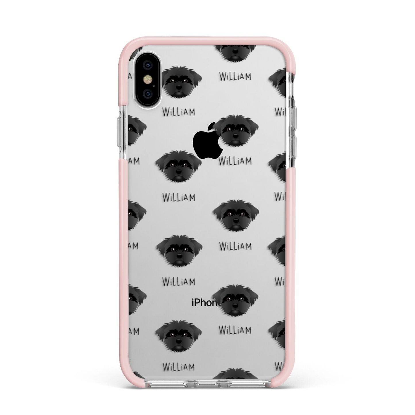 Peek a poo Icon with Name Apple iPhone Xs Max Impact Case Pink Edge on Silver Phone