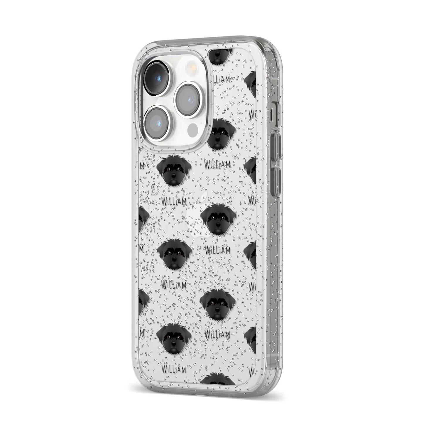 Peek a poo Icon with Name iPhone 14 Pro Glitter Tough Case Silver Angled Image