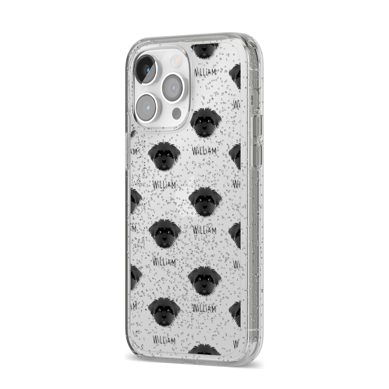 Peek a poo Icon with Name iPhone 14 Pro Max Glitter Tough Case Silver Angled Image