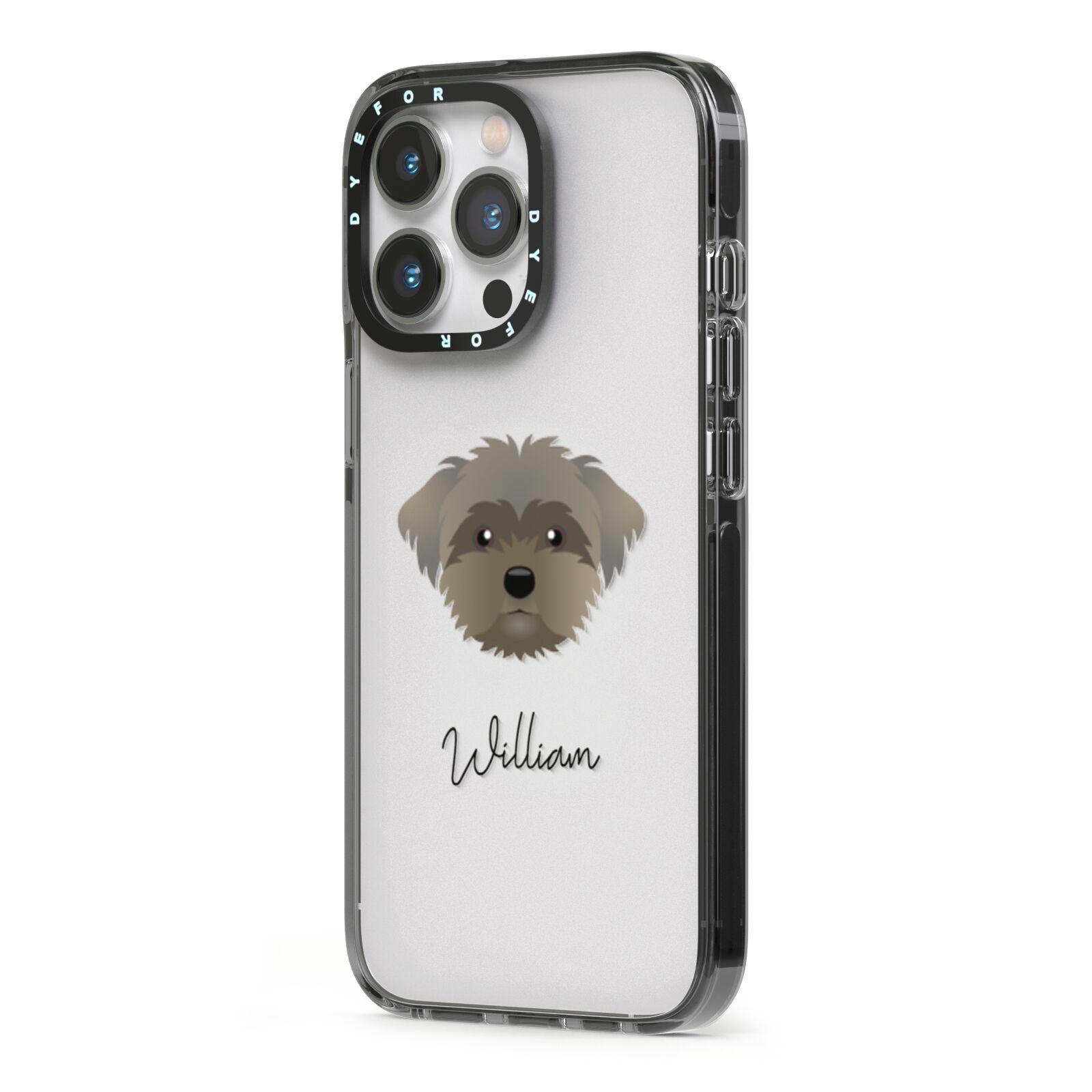 Peek a poo Personalised iPhone 13 Pro Black Impact Case Side Angle on Silver phone