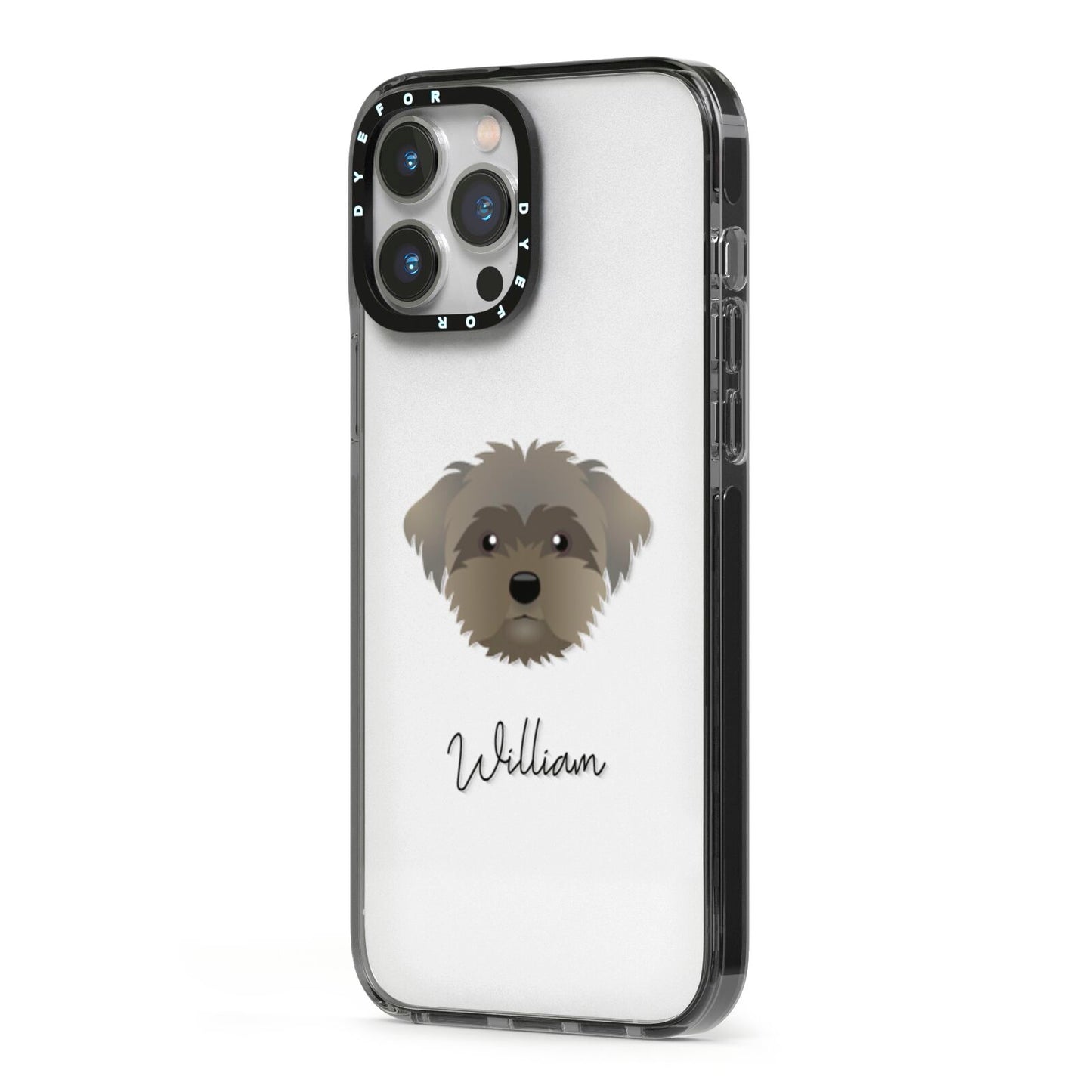 Peek a poo Personalised iPhone 13 Pro Max Black Impact Case Side Angle on Silver phone