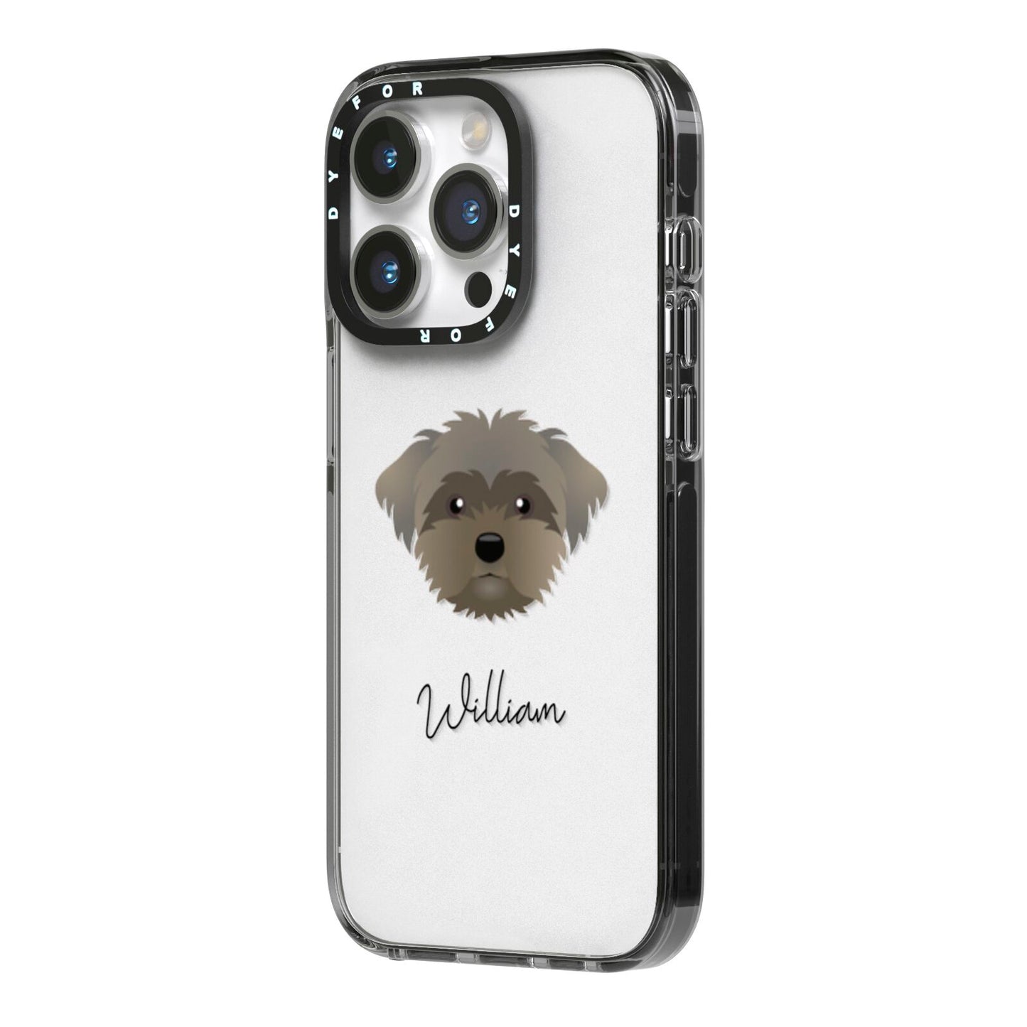 Peek a poo Personalised iPhone 14 Pro Black Impact Case Side Angle on Silver phone