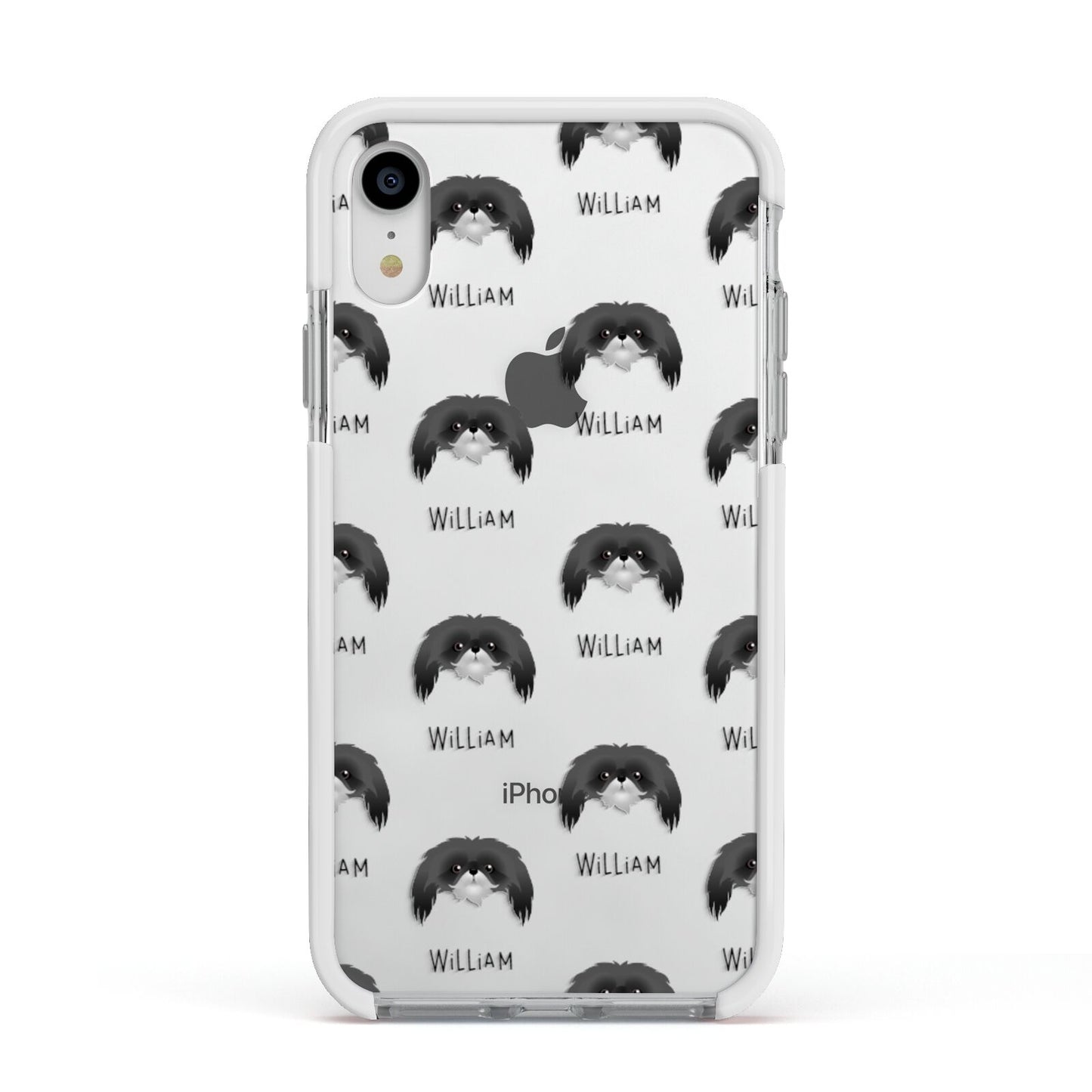 Pekingese Icon with Name Apple iPhone XR Impact Case White Edge on Silver Phone