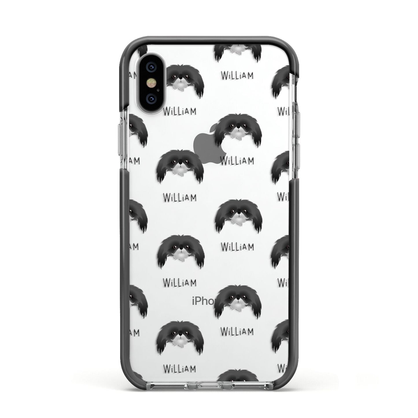 Pekingese Icon with Name Apple iPhone Xs Impact Case Black Edge on Silver Phone