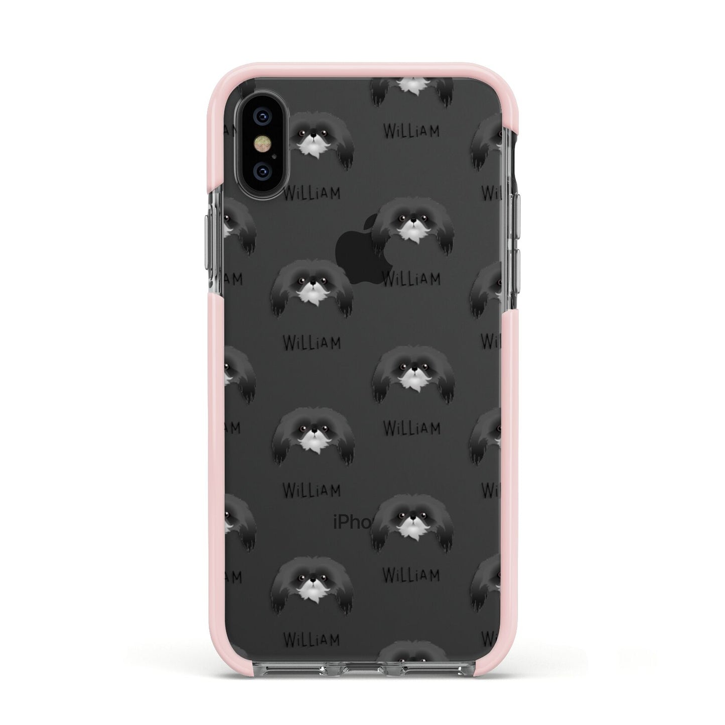 Pekingese Icon with Name Apple iPhone Xs Impact Case Pink Edge on Black Phone