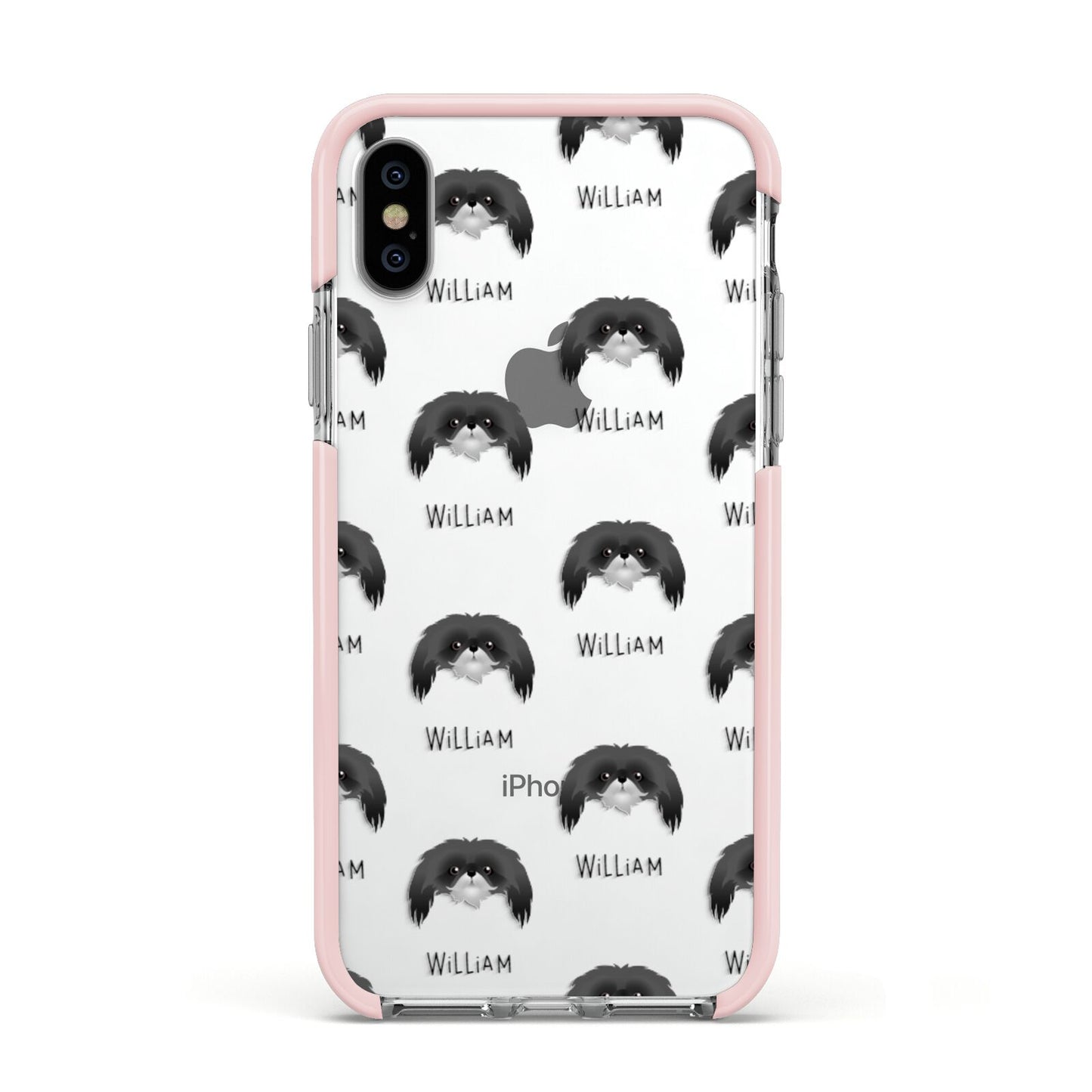 Pekingese Icon with Name Apple iPhone Xs Impact Case Pink Edge on Silver Phone