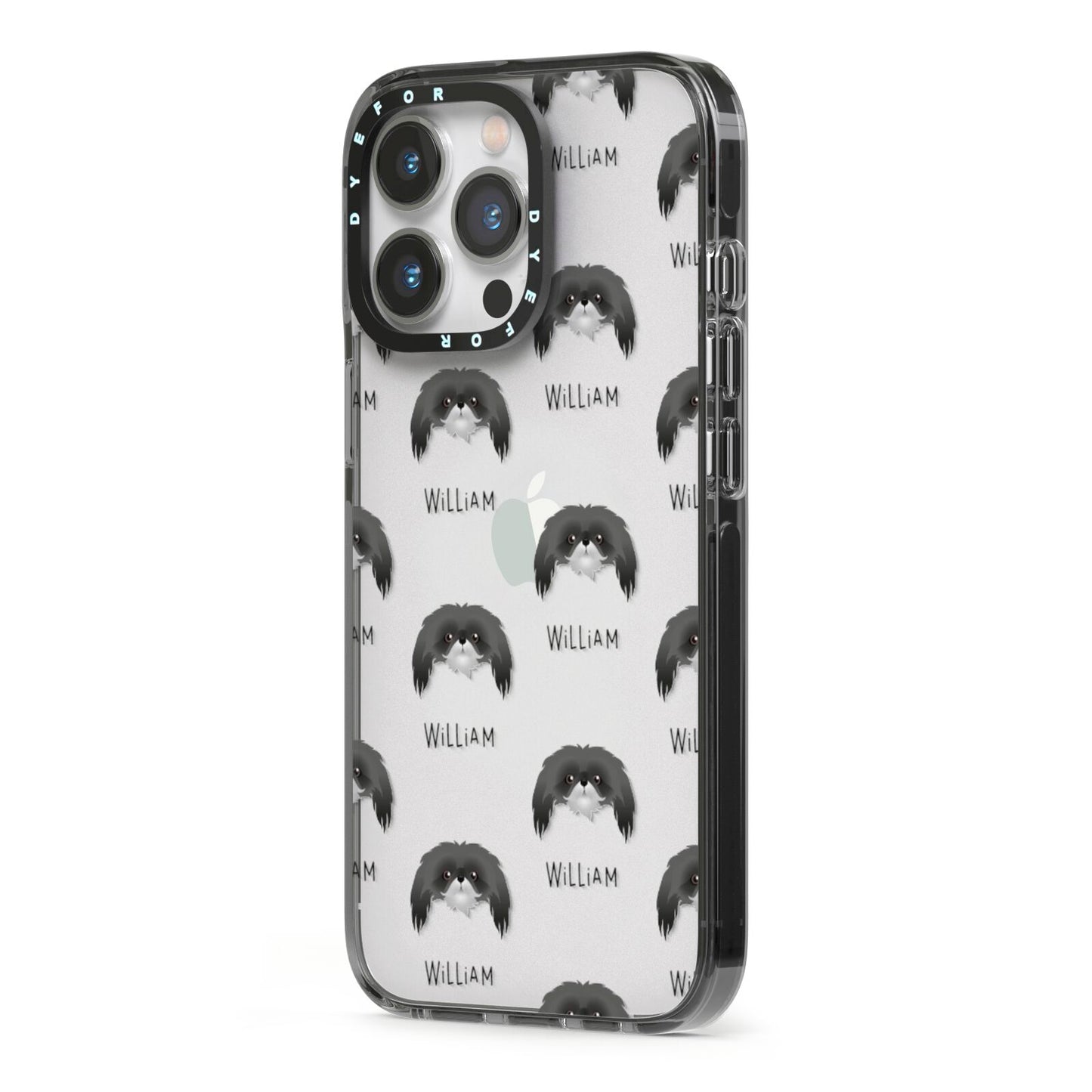 Pekingese Icon with Name iPhone 13 Pro Black Impact Case Side Angle on Silver phone