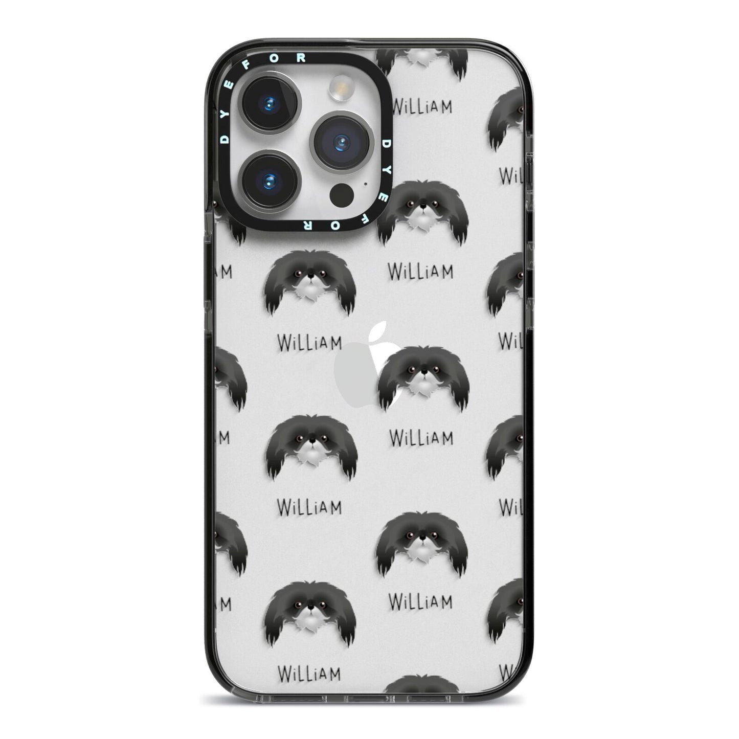 Pekingese Icon with Name iPhone 14 Pro Max Black Impact Case on Silver phone