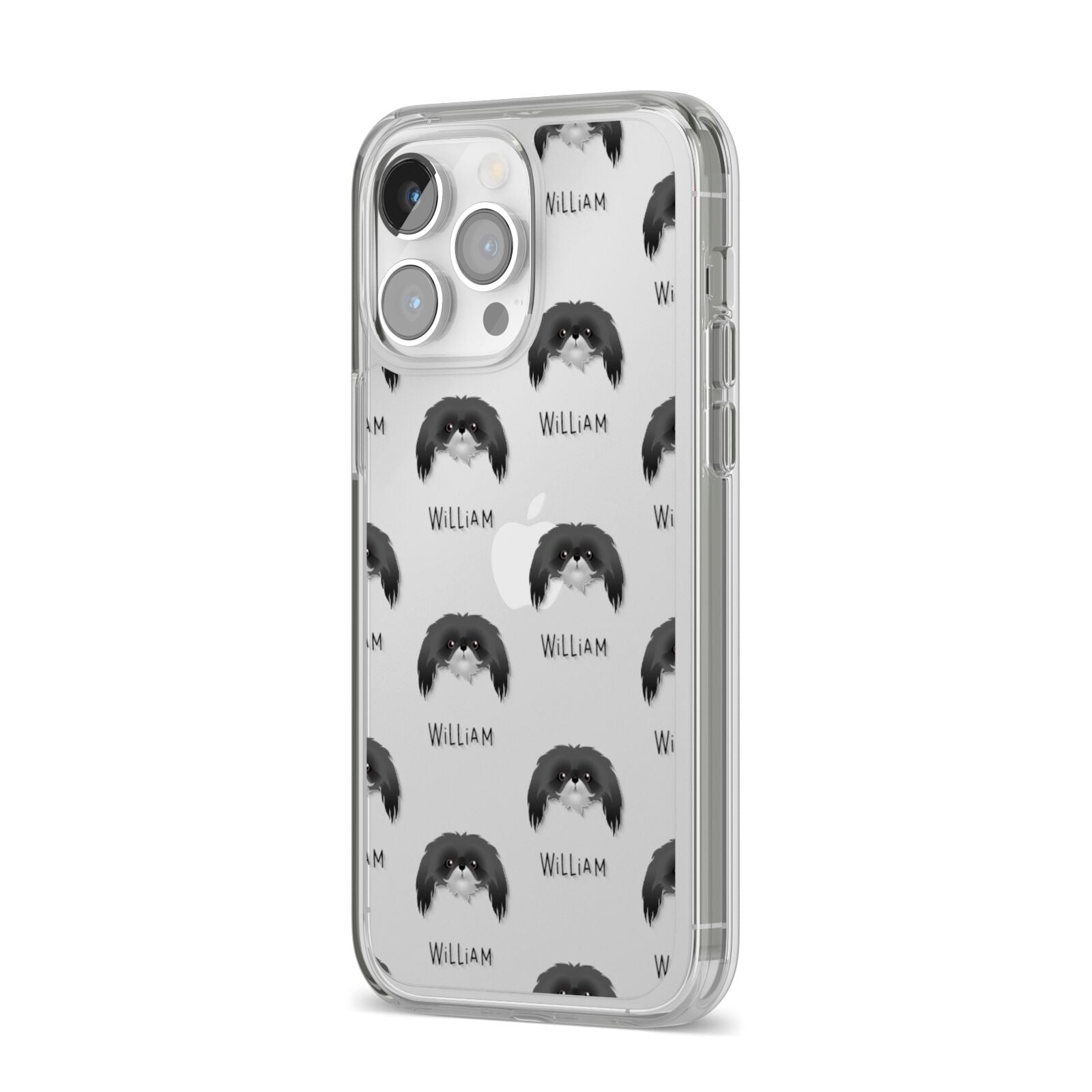 Pekingese Icon with Name iPhone 14 Pro Max Clear Tough Case Silver Angled Image