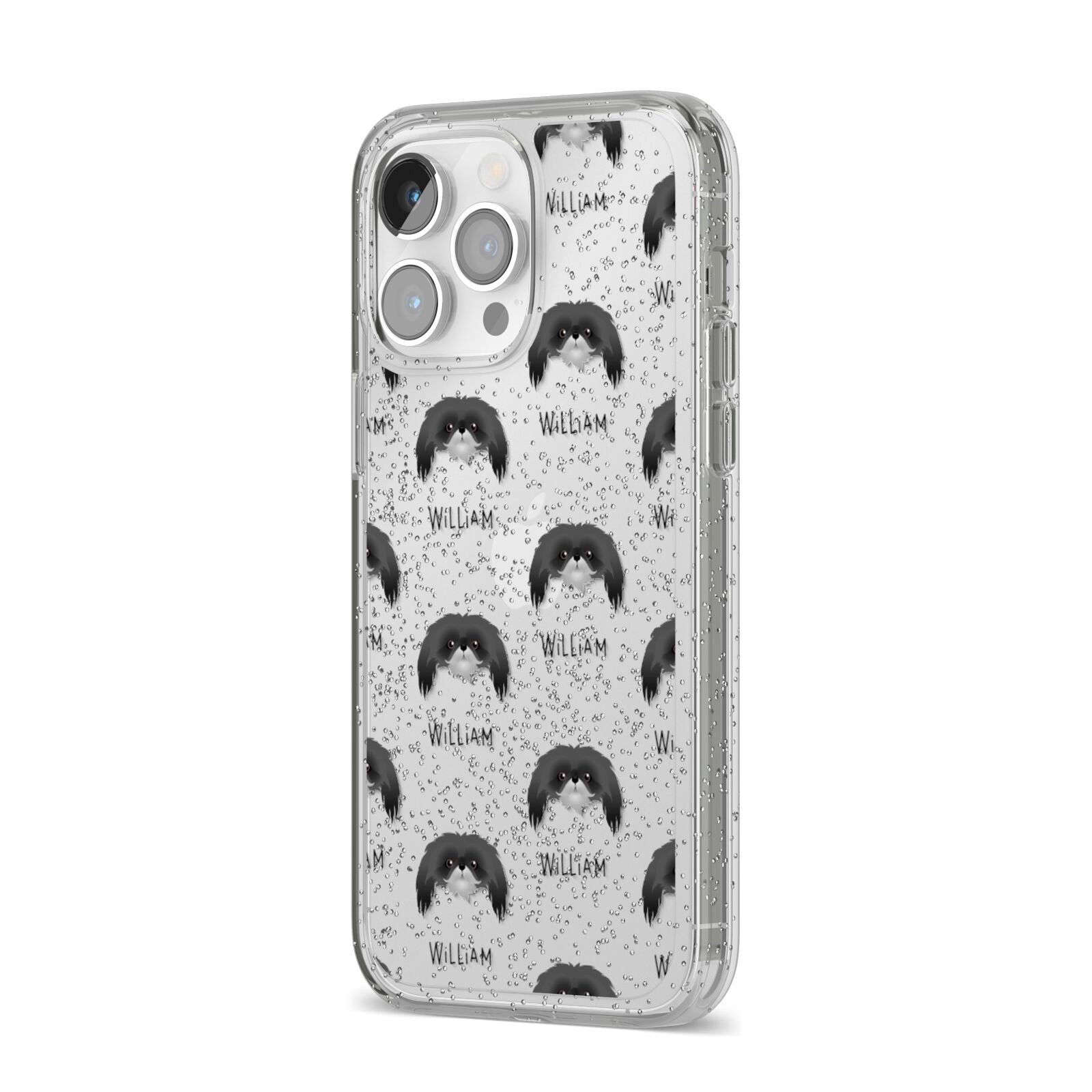 Pekingese Icon with Name iPhone 14 Pro Max Glitter Tough Case Silver Angled Image