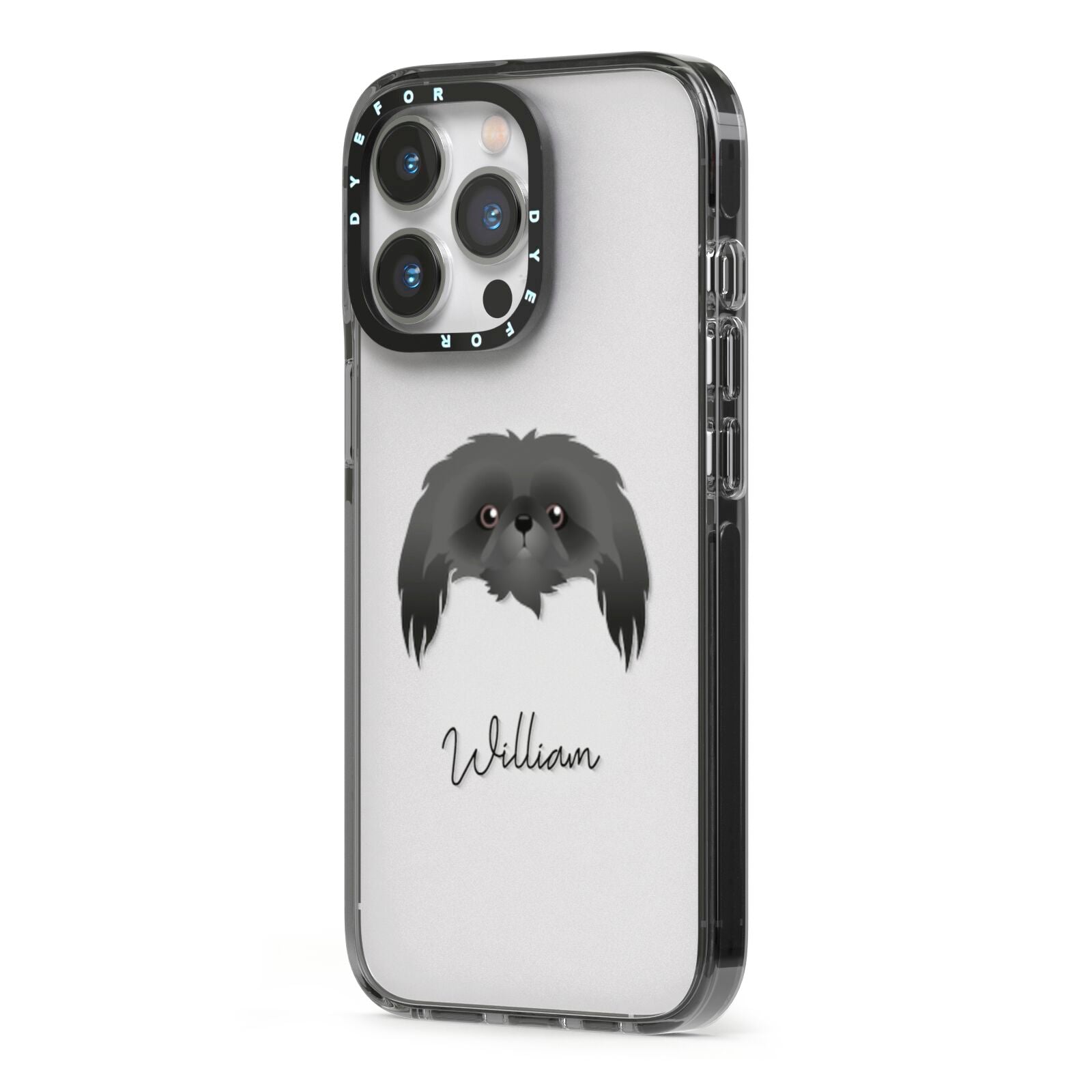 Pekingese Personalised iPhone 13 Pro Black Impact Case Side Angle on Silver phone