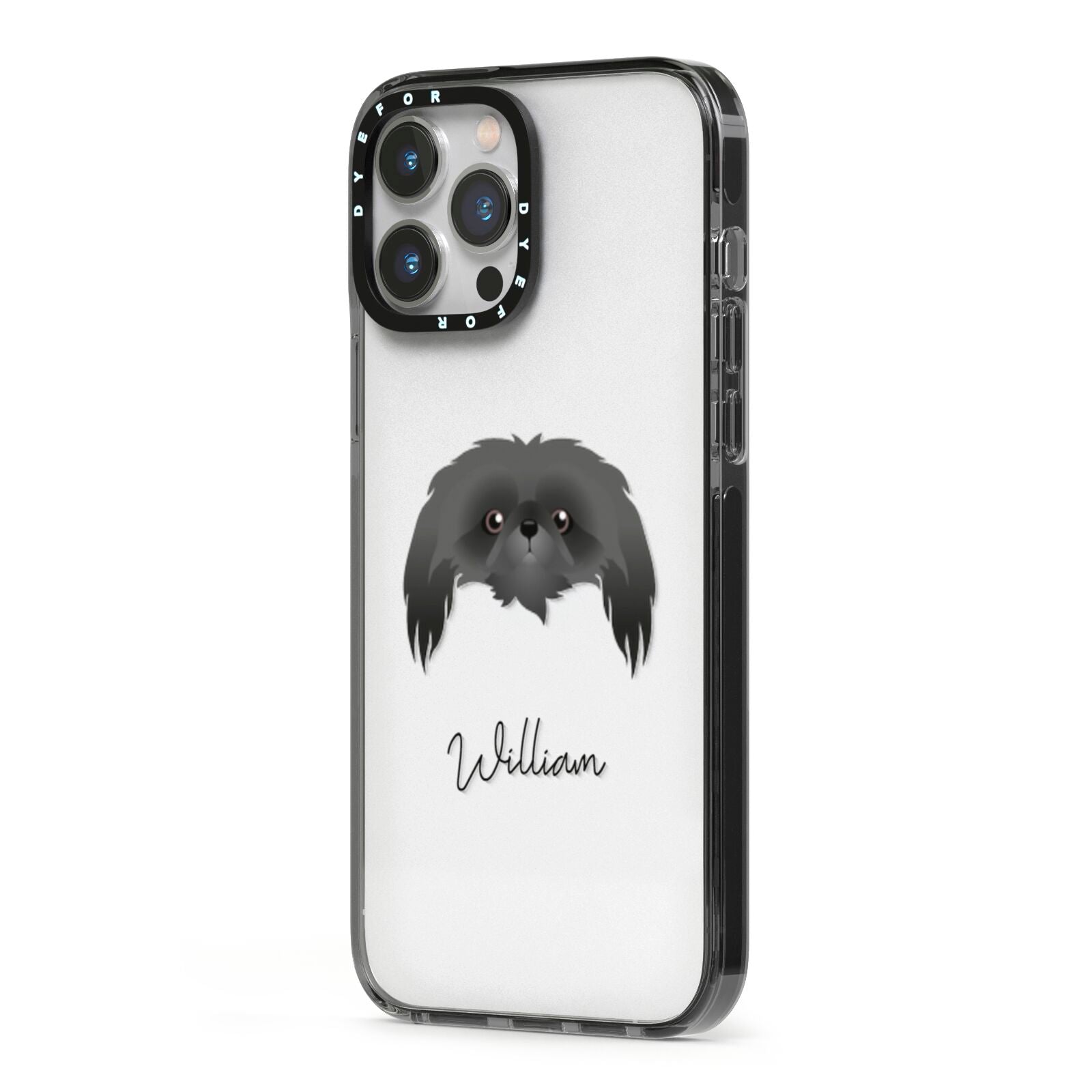 Pekingese Personalised iPhone 13 Pro Max Black Impact Case Side Angle on Silver phone