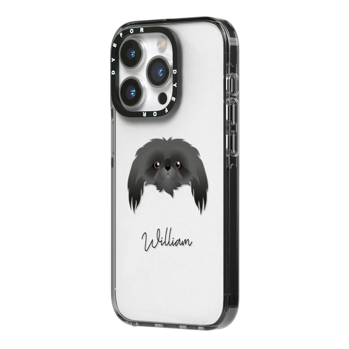 Pekingese Personalised iPhone 14 Pro Black Impact Case Side Angle on Silver phone