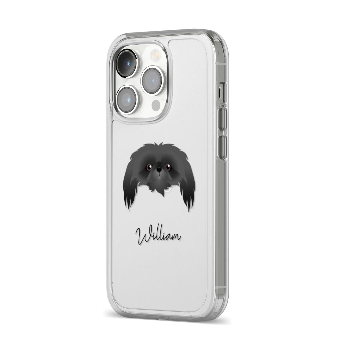 Pekingese Personalised iPhone 14 Pro Clear Tough Case Silver Angled Image