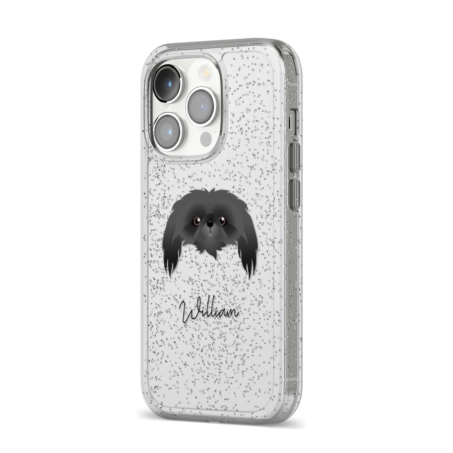 Pekingese Personalised iPhone 14 Pro Glitter Tough Case Silver Angled Image
