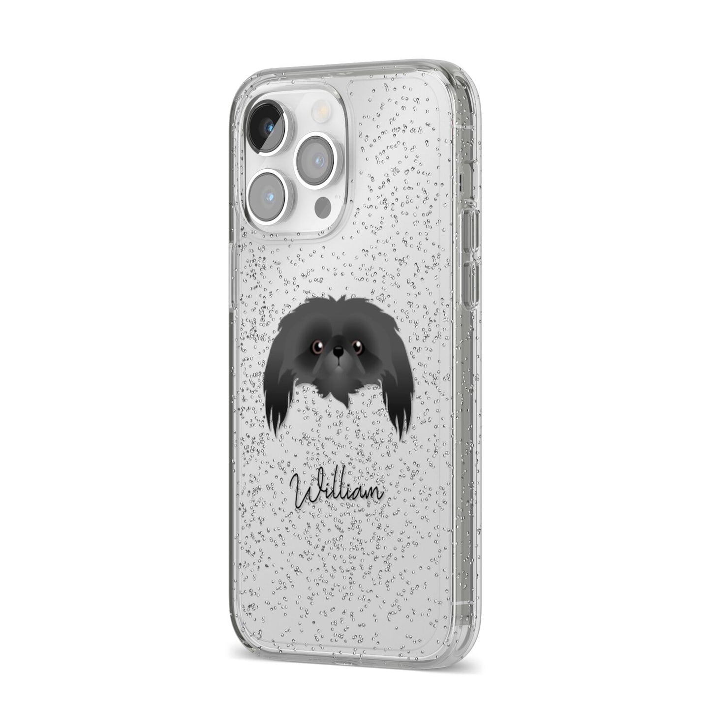 Pekingese Personalised iPhone 14 Pro Max Glitter Tough Case Silver Angled Image
