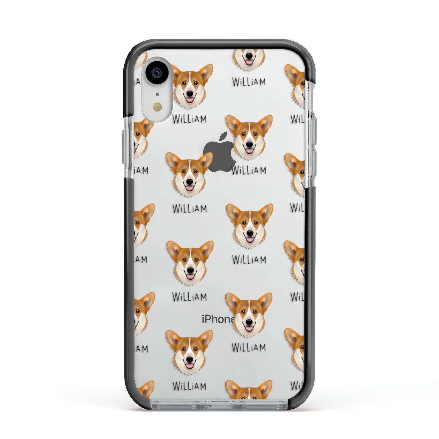 Pembroke Welsh Corgi Icon with Name Apple iPhone XR Impact Case Black Edge on Silver Phone