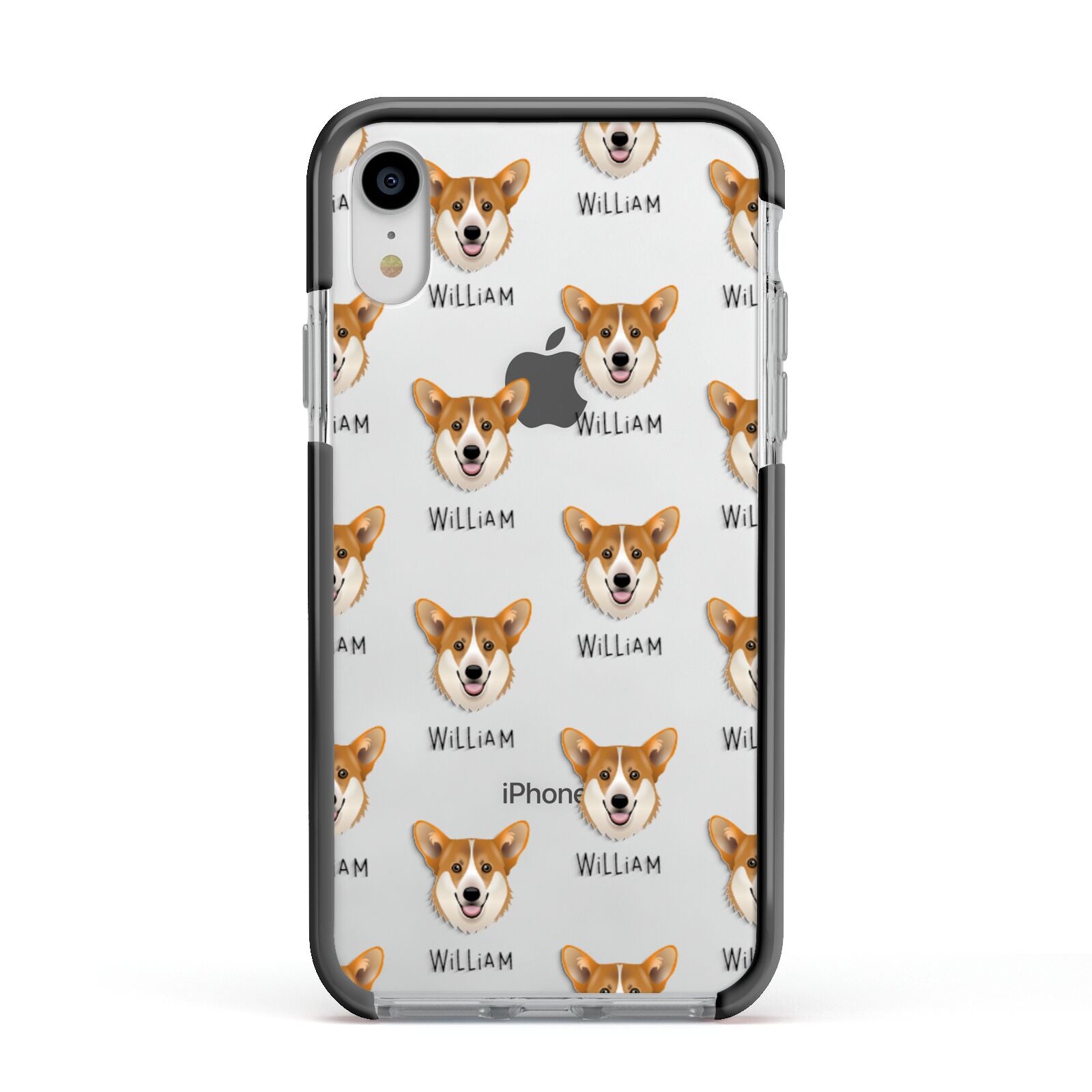 Pembroke Welsh Corgi Icon with Name Apple iPhone XR Impact Case Black Edge on Silver Phone
