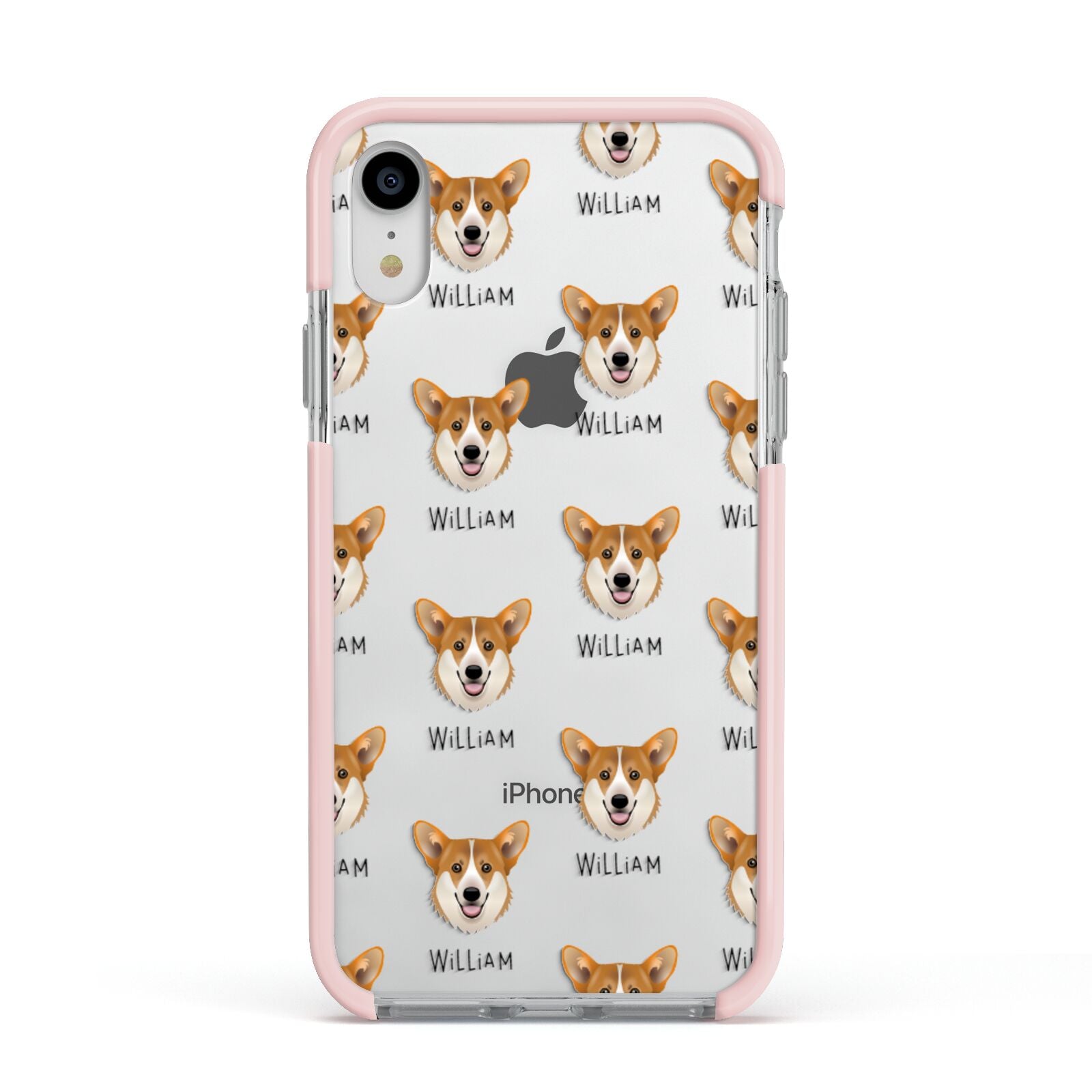 Pembroke Welsh Corgi Icon with Name Apple iPhone XR Impact Case Pink Edge on Silver Phone