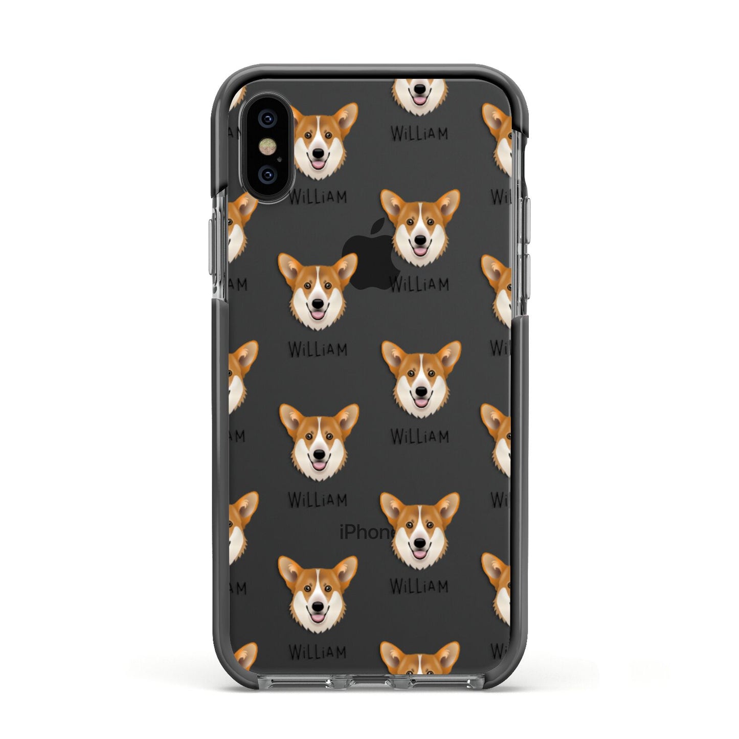 Pembroke Welsh Corgi Icon with Name Apple iPhone Xs Impact Case Black Edge on Black Phone