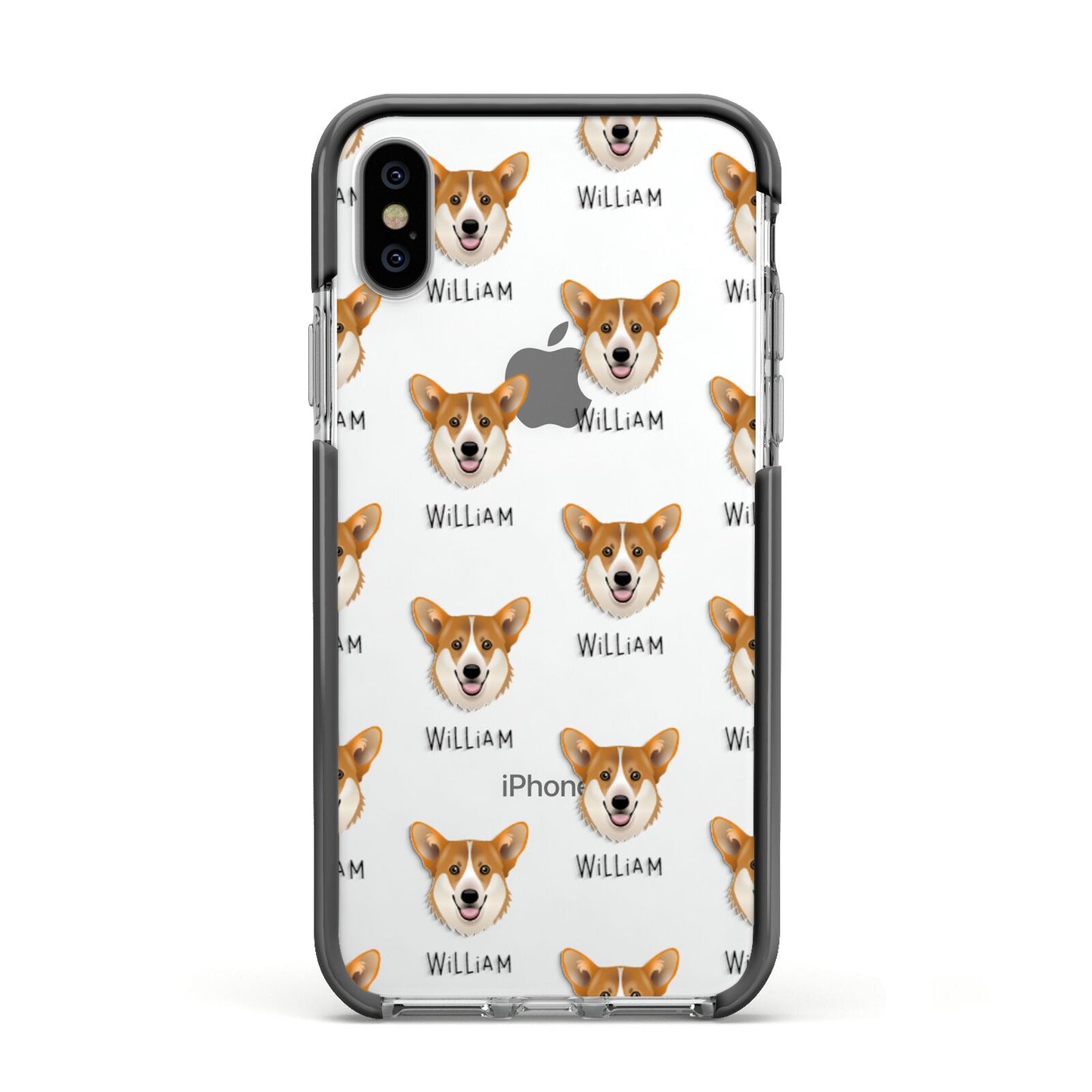 Pembroke Welsh Corgi Icon with Name Apple iPhone Xs Impact Case Black Edge on Silver Phone