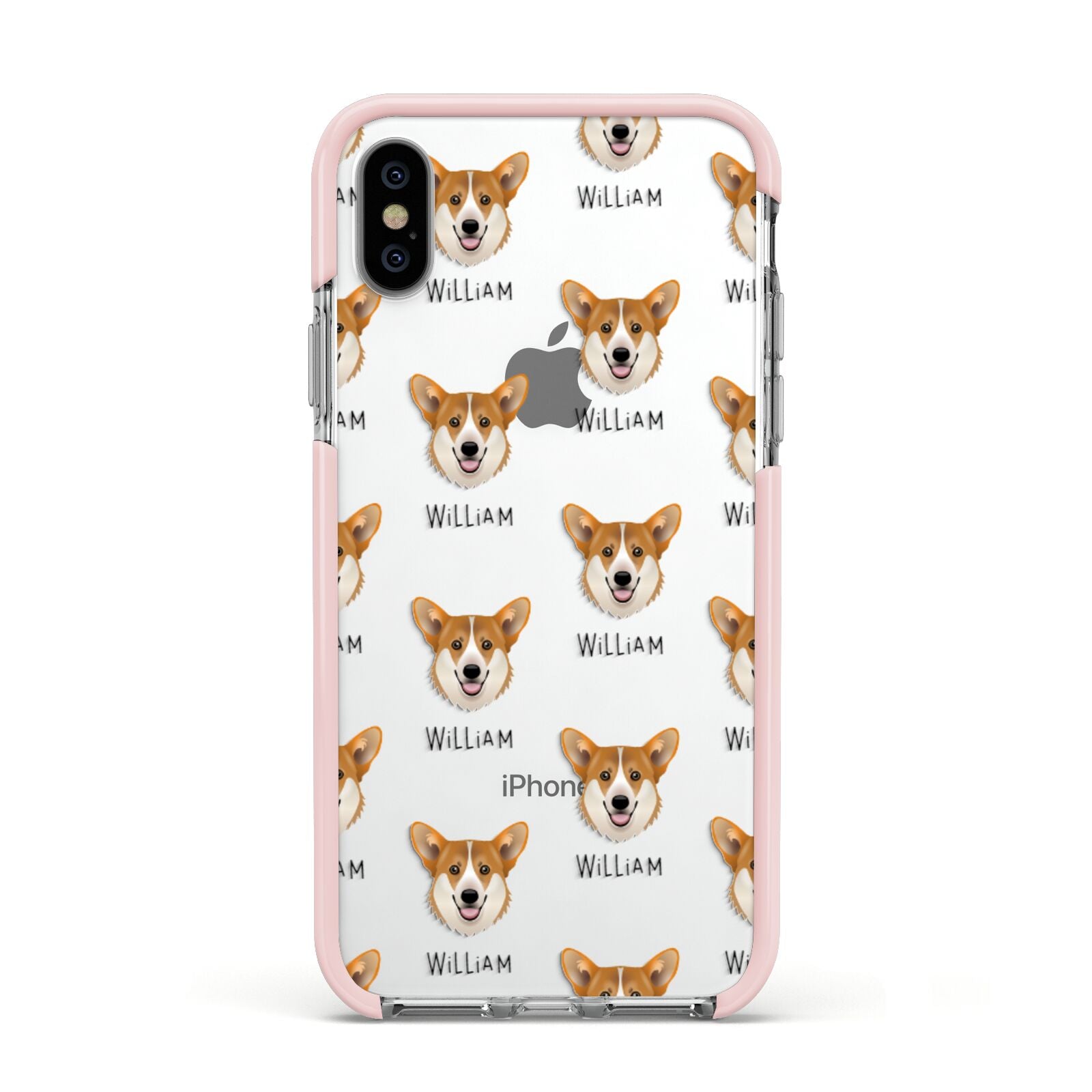Pembroke Welsh Corgi Icon with Name Apple iPhone Xs Impact Case Pink Edge on Silver Phone