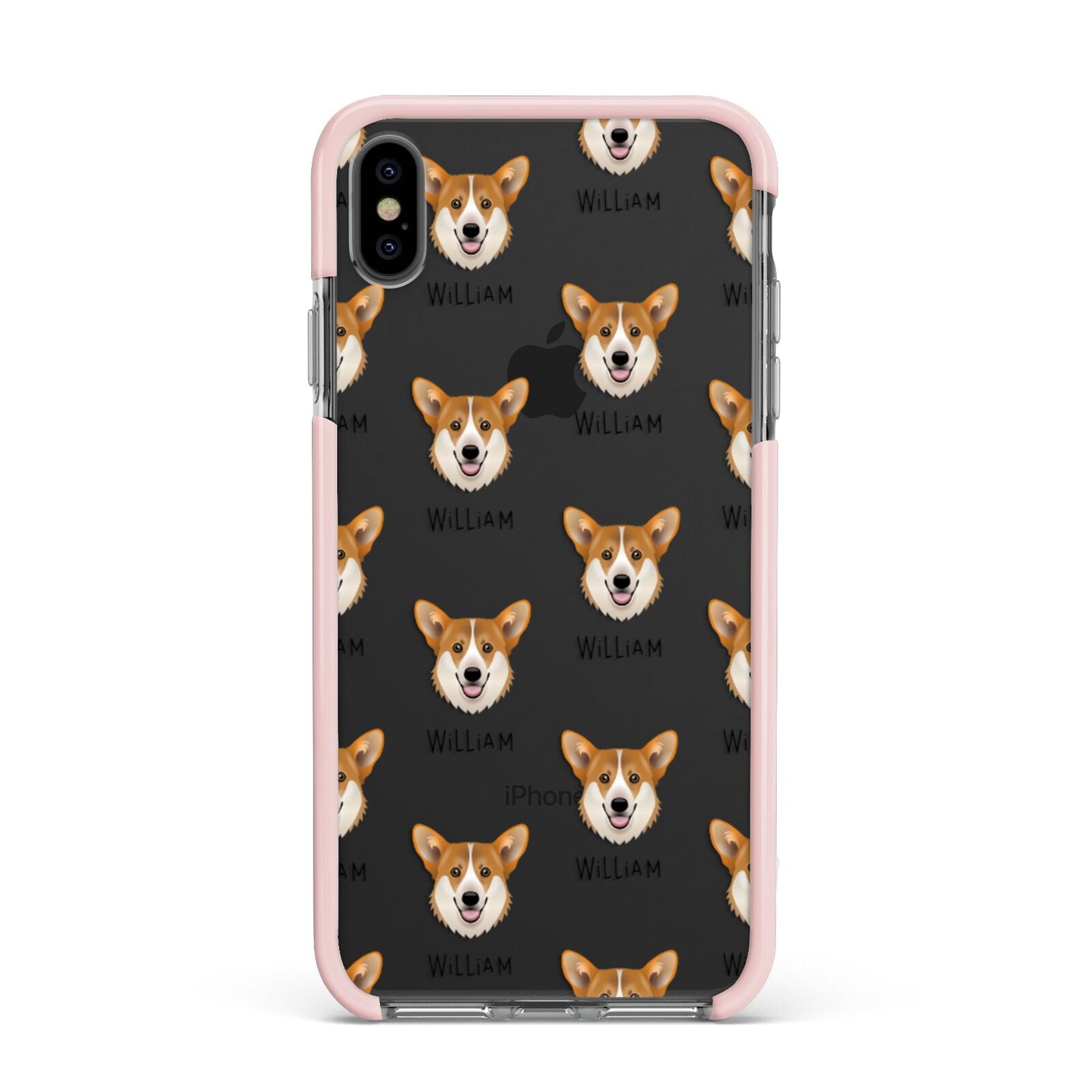 Pembroke Welsh Corgi Icon with Name Apple iPhone Xs Max Impact Case Pink Edge on Black Phone