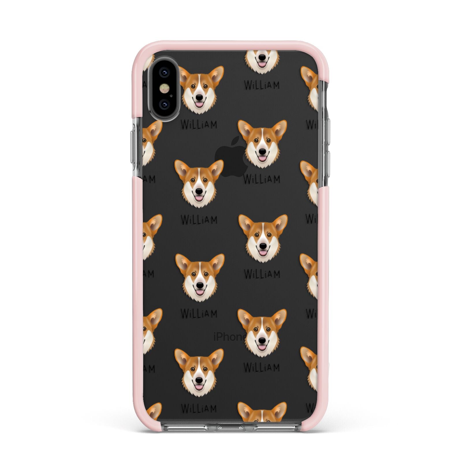 Pembroke Welsh Corgi Icon with Name Apple iPhone Xs Max Impact Case Pink Edge on Black Phone
