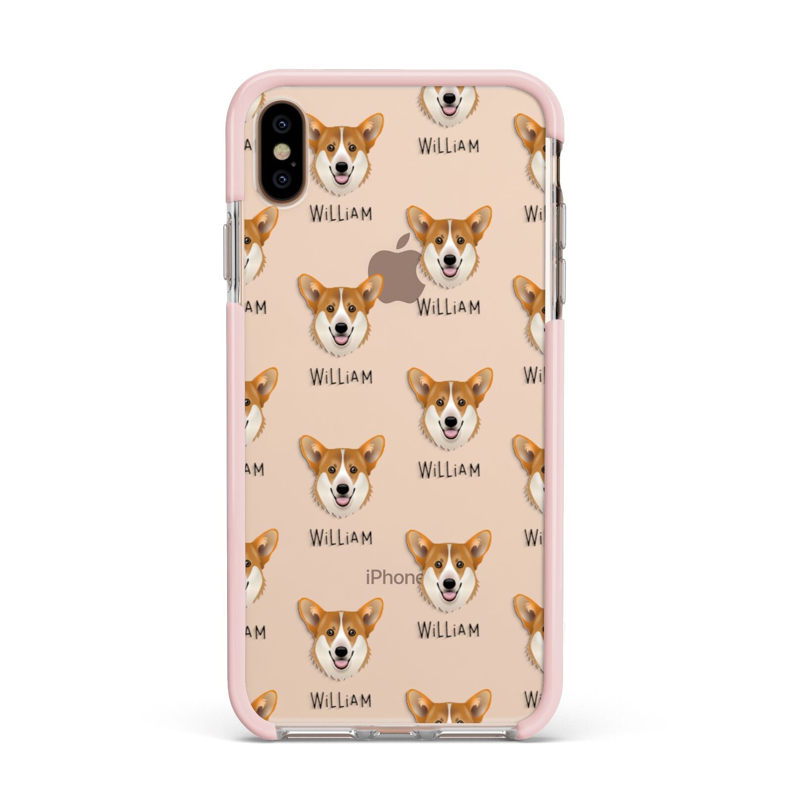 Pembroke Welsh Corgi Icon with Name Apple iPhone Xs Max Impact Case Pink Edge on Gold Phone