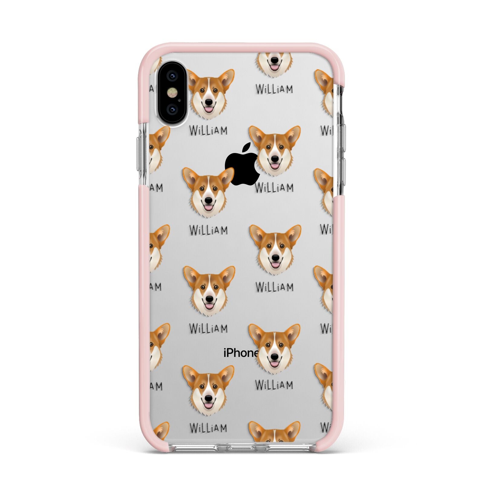 Pembroke Welsh Corgi Icon with Name Apple iPhone Xs Max Impact Case Pink Edge on Silver Phone