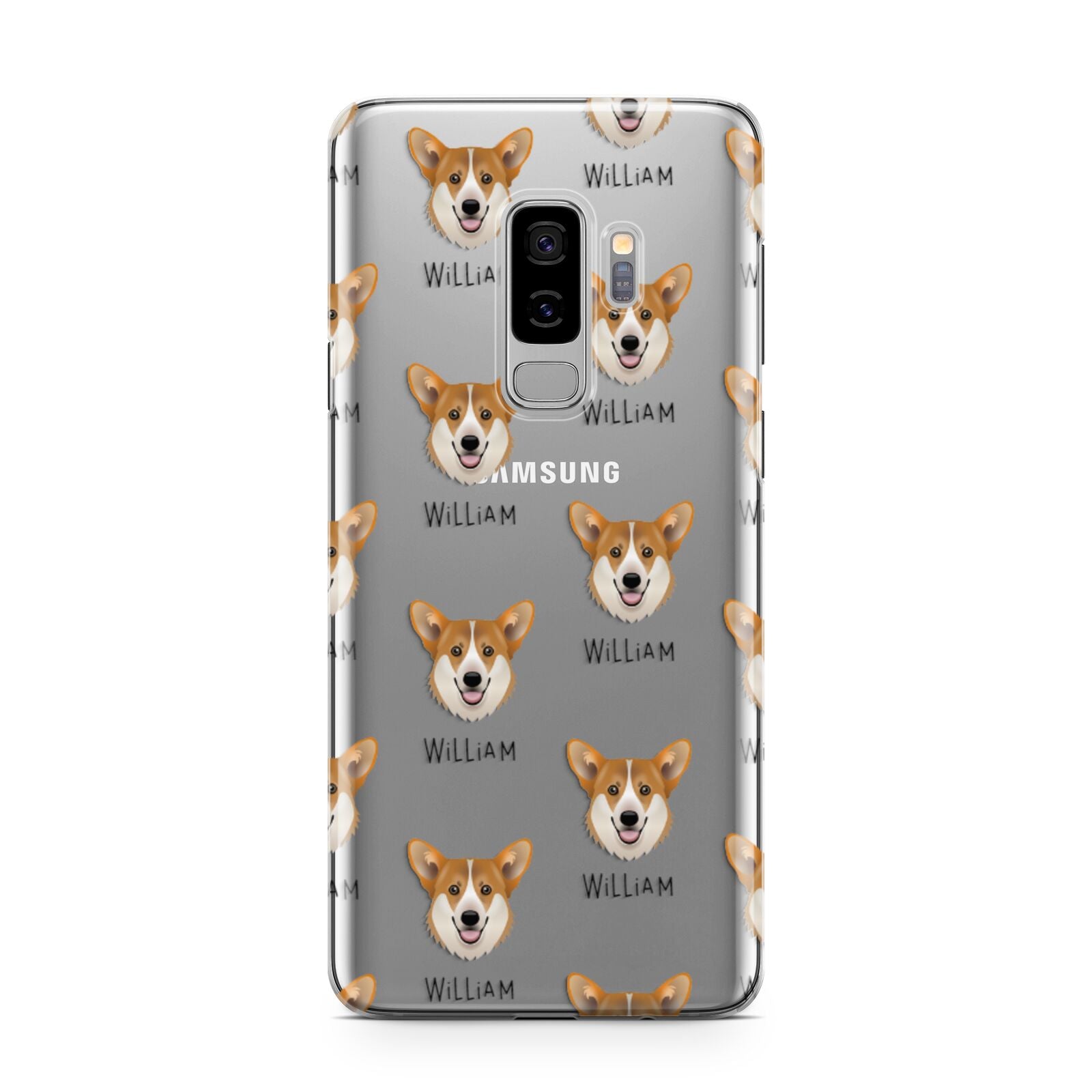 Pembroke Welsh Corgi Icon with Name Samsung Galaxy S9 Plus Case on Silver phone