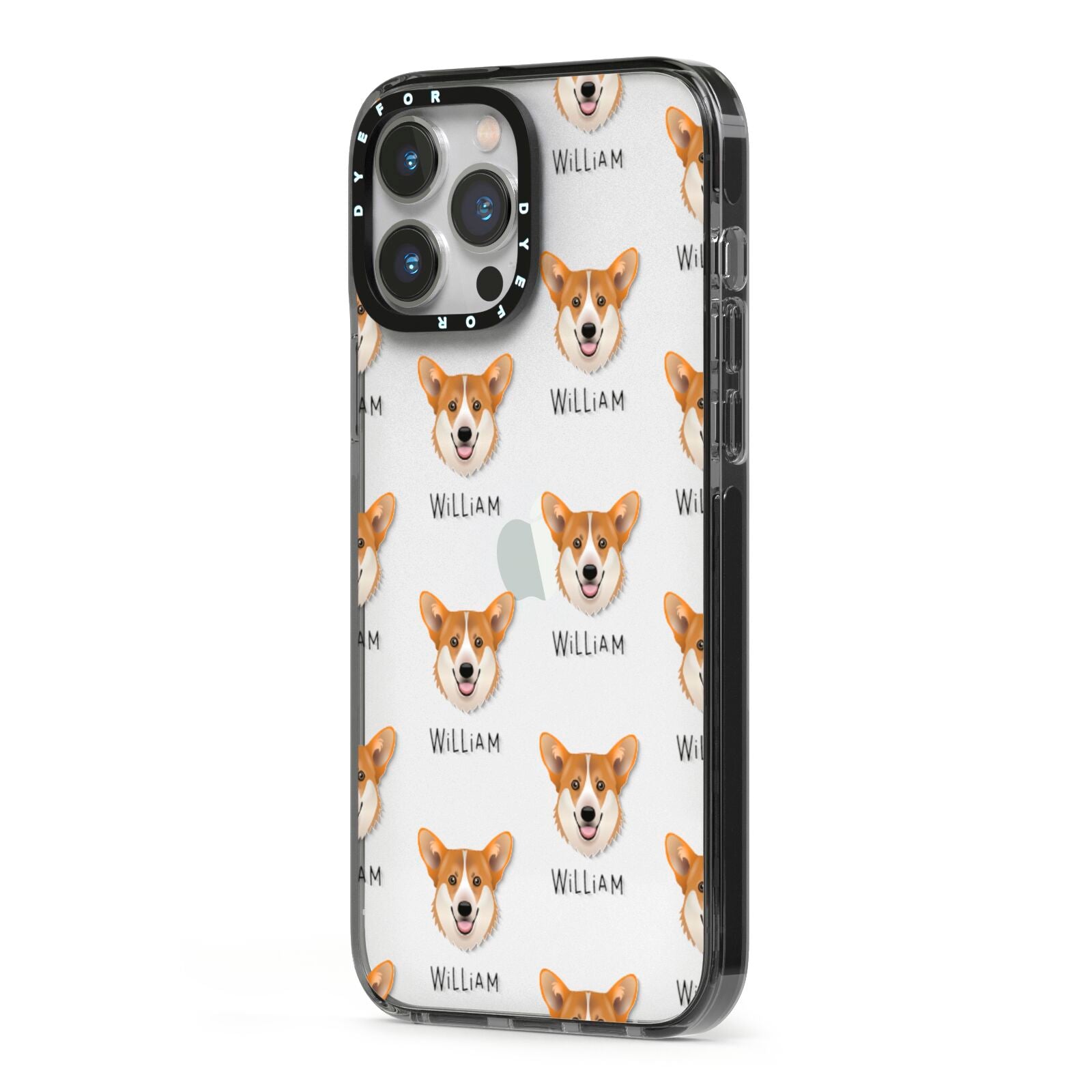 Pembroke Welsh Corgi Icon with Name iPhone 13 Pro Max Black Impact Case Side Angle on Silver phone
