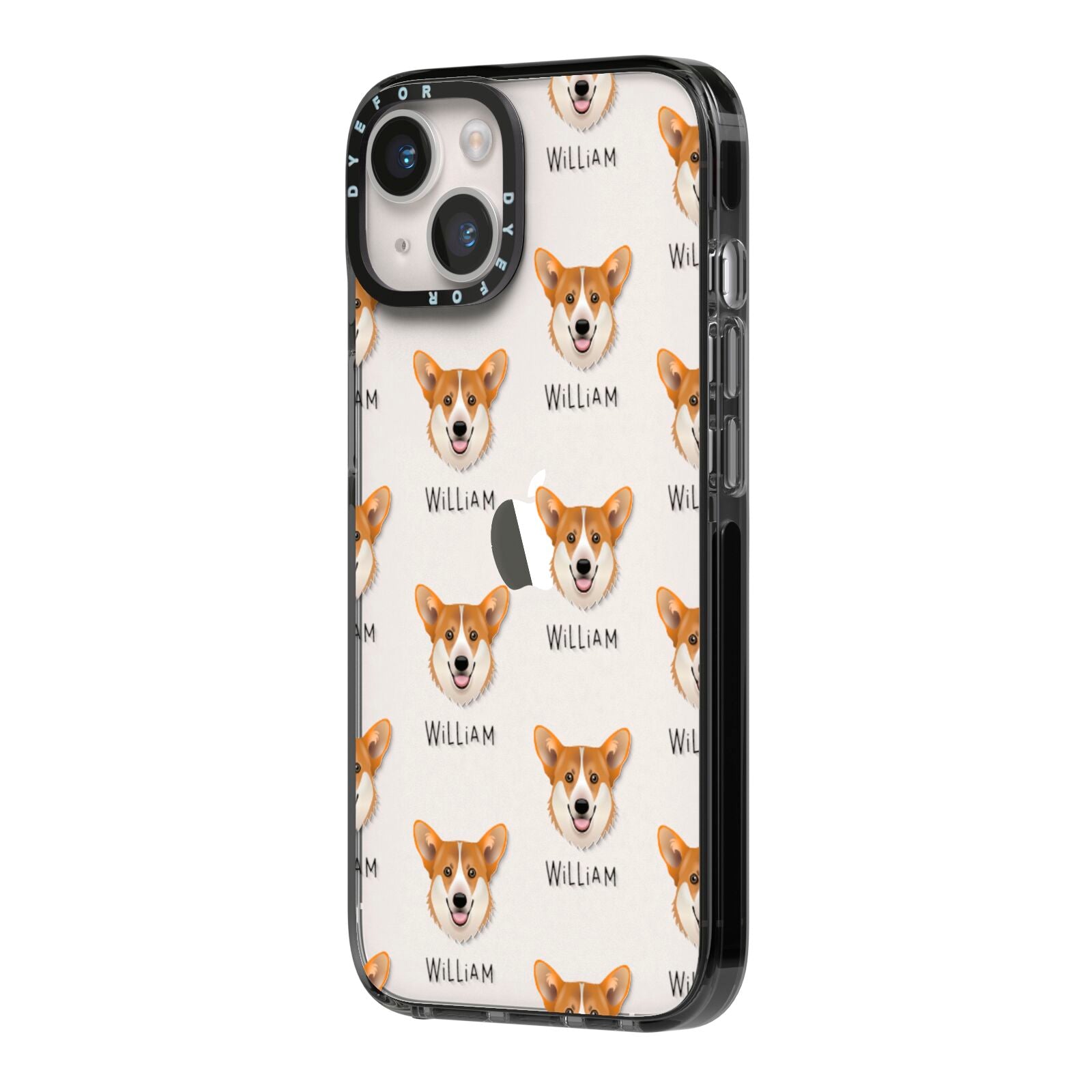 Pembroke Welsh Corgi Icon with Name iPhone 14 Black Impact Case Side Angle on Silver phone