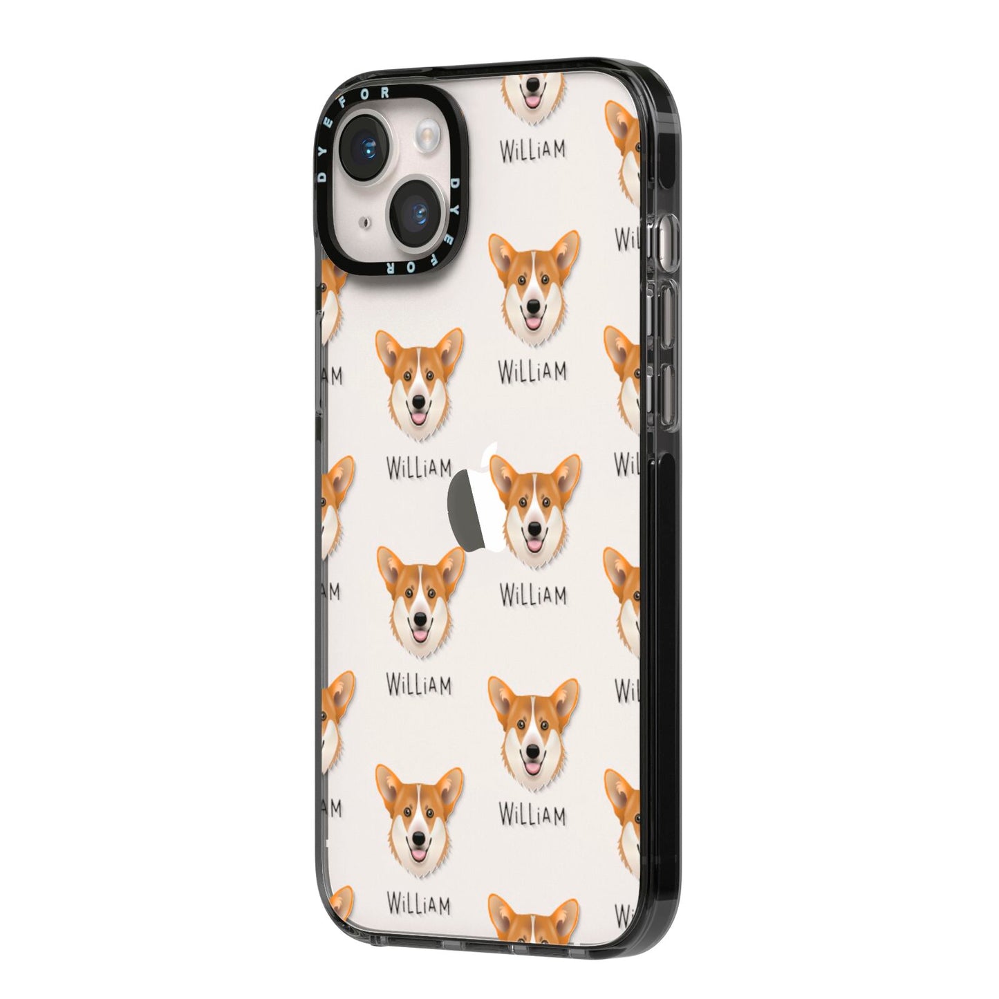 Pembroke Welsh Corgi Icon with Name iPhone 14 Plus Black Impact Case Side Angle on Silver phone