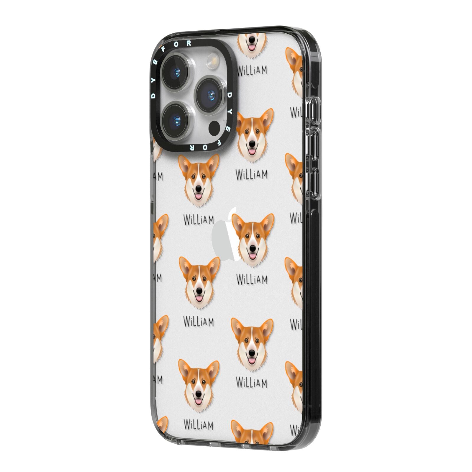 Pembroke Welsh Corgi Icon with Name iPhone 14 Pro Max Black Impact Case Side Angle on Silver phone