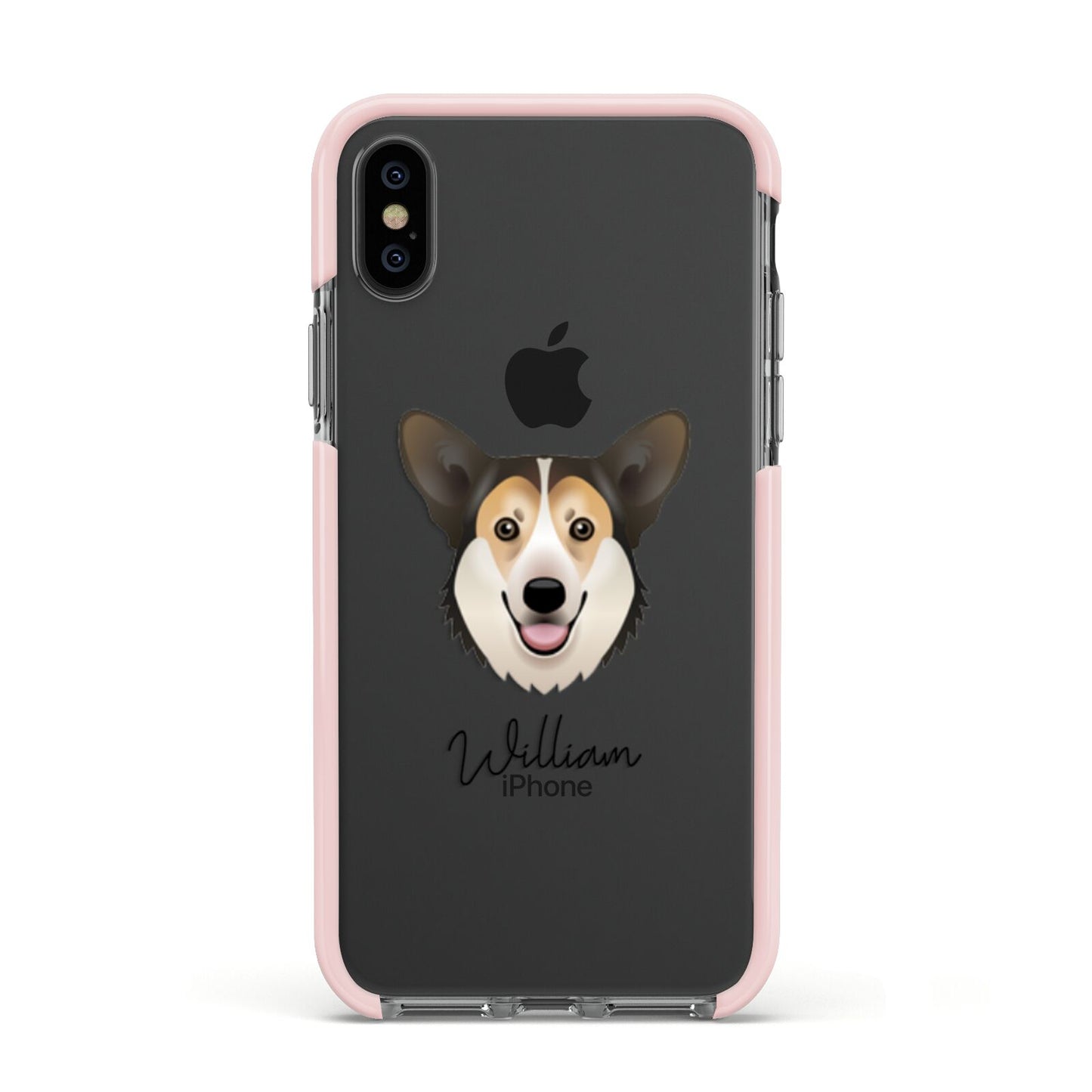 Pembroke Welsh Corgi Personalised Apple iPhone Xs Impact Case Pink Edge on Black Phone