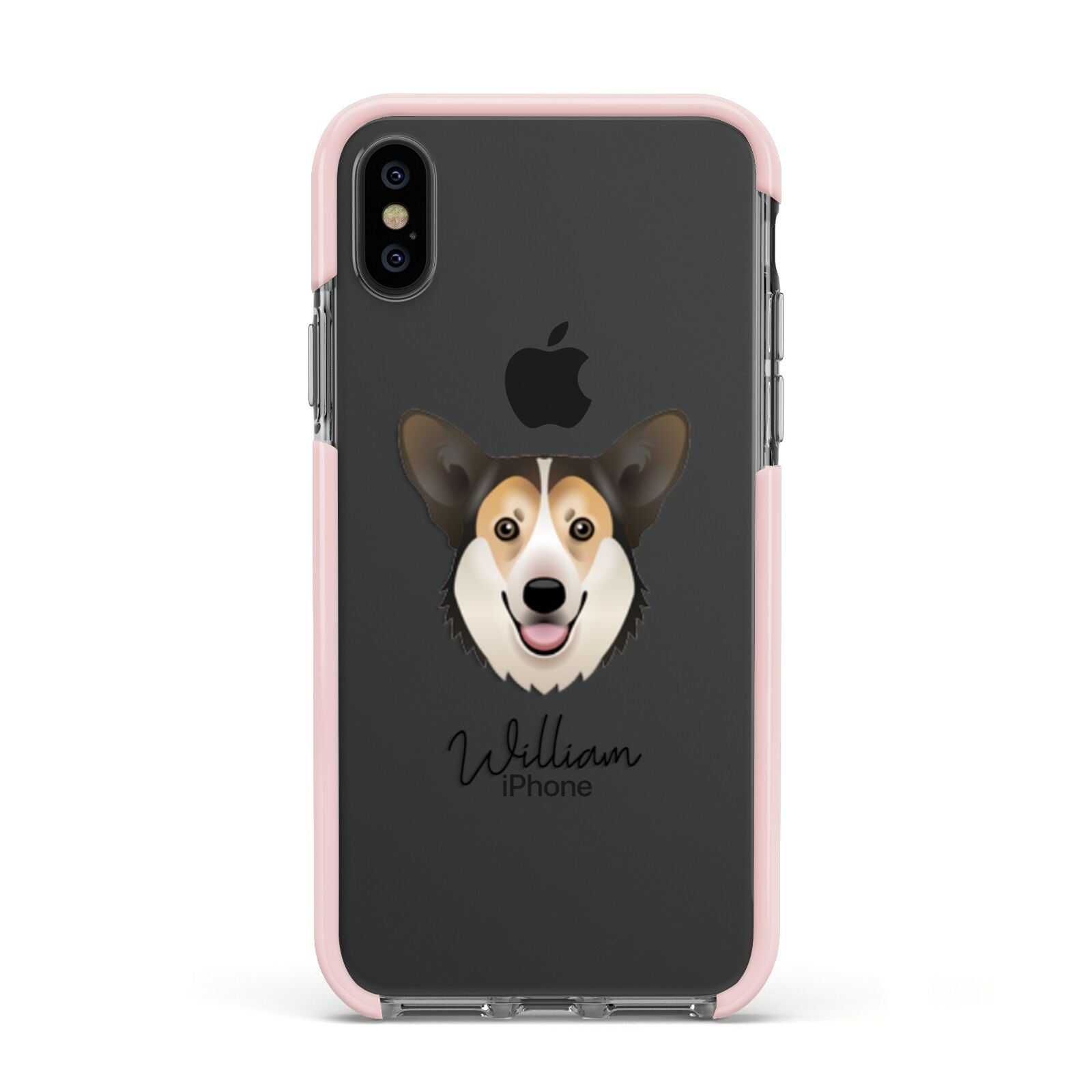 Pembroke Welsh Corgi Personalised Apple iPhone Xs Impact Case Pink Edge on Black Phone